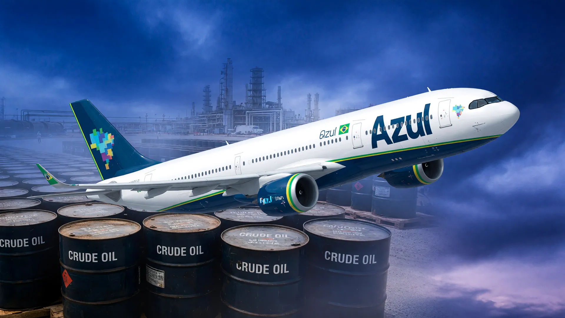 Avião Azul com barris de combustível ilustram a alta passagens aéreas domésticas Brasil causada pelo querosene 68% mais caro