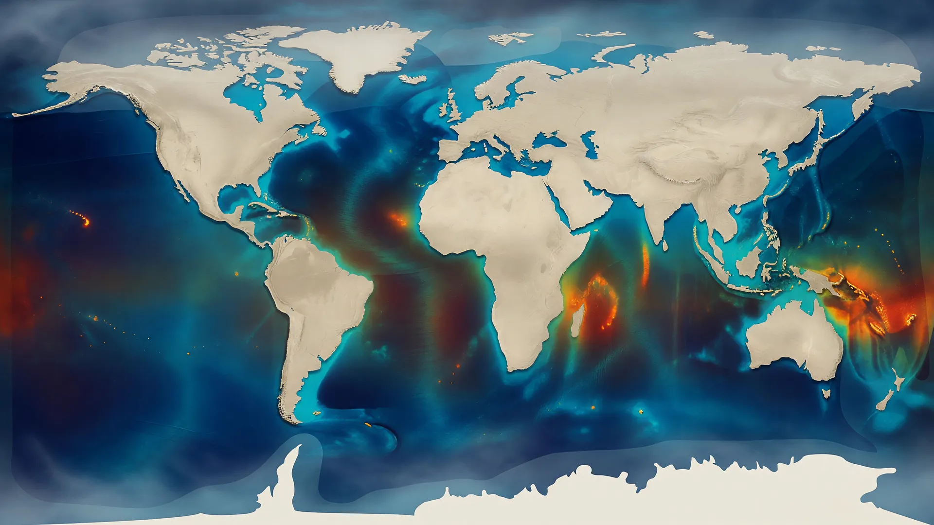 Mapa-múndi dos oceanos com indicadores visuais de aquecimento global 1,5 graus até 2030