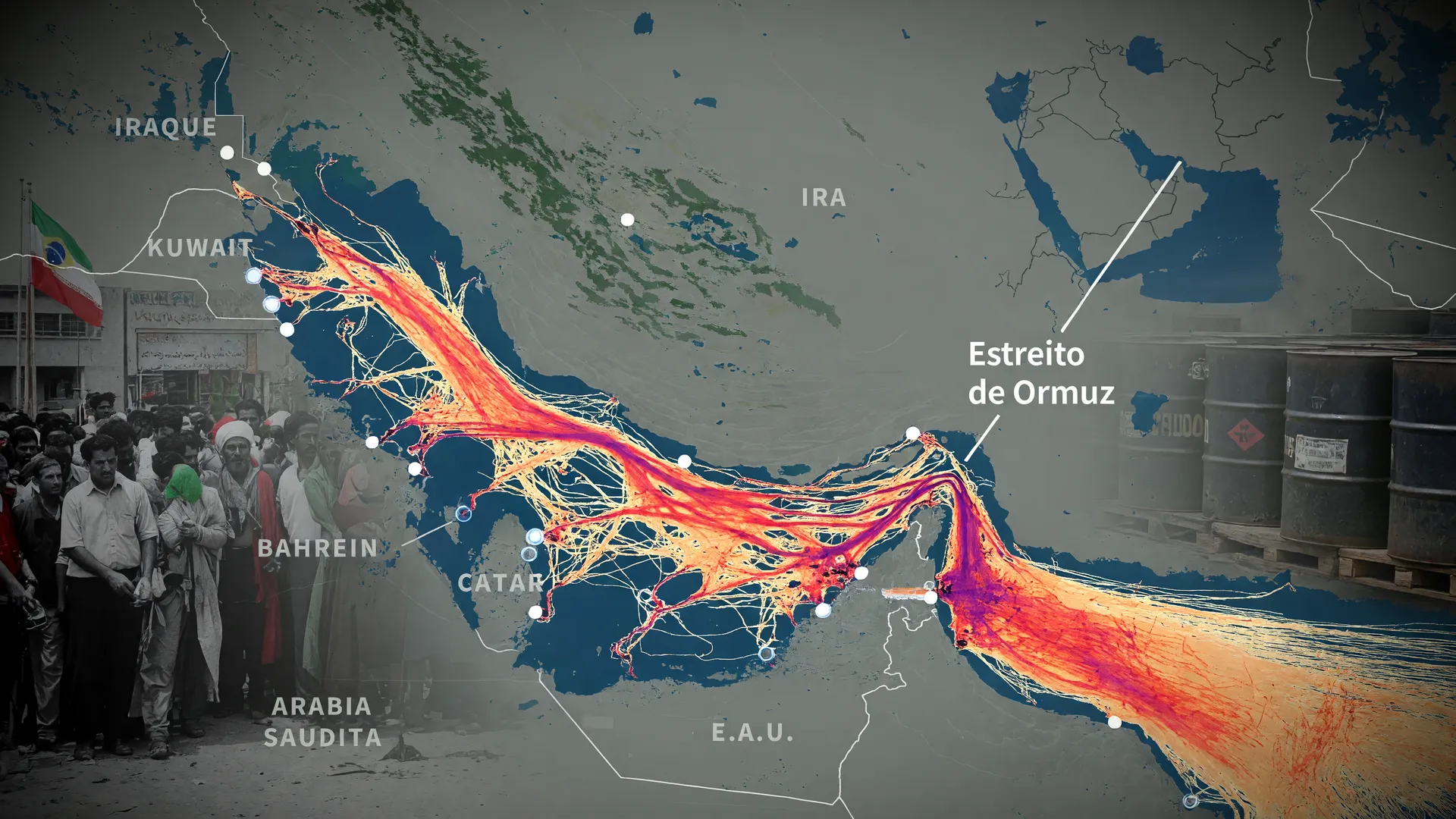 Composição editorial mostrando Estreito de Ormuz, rotas marítimas, Irã, petróleo e ONU após ataque Irã navio