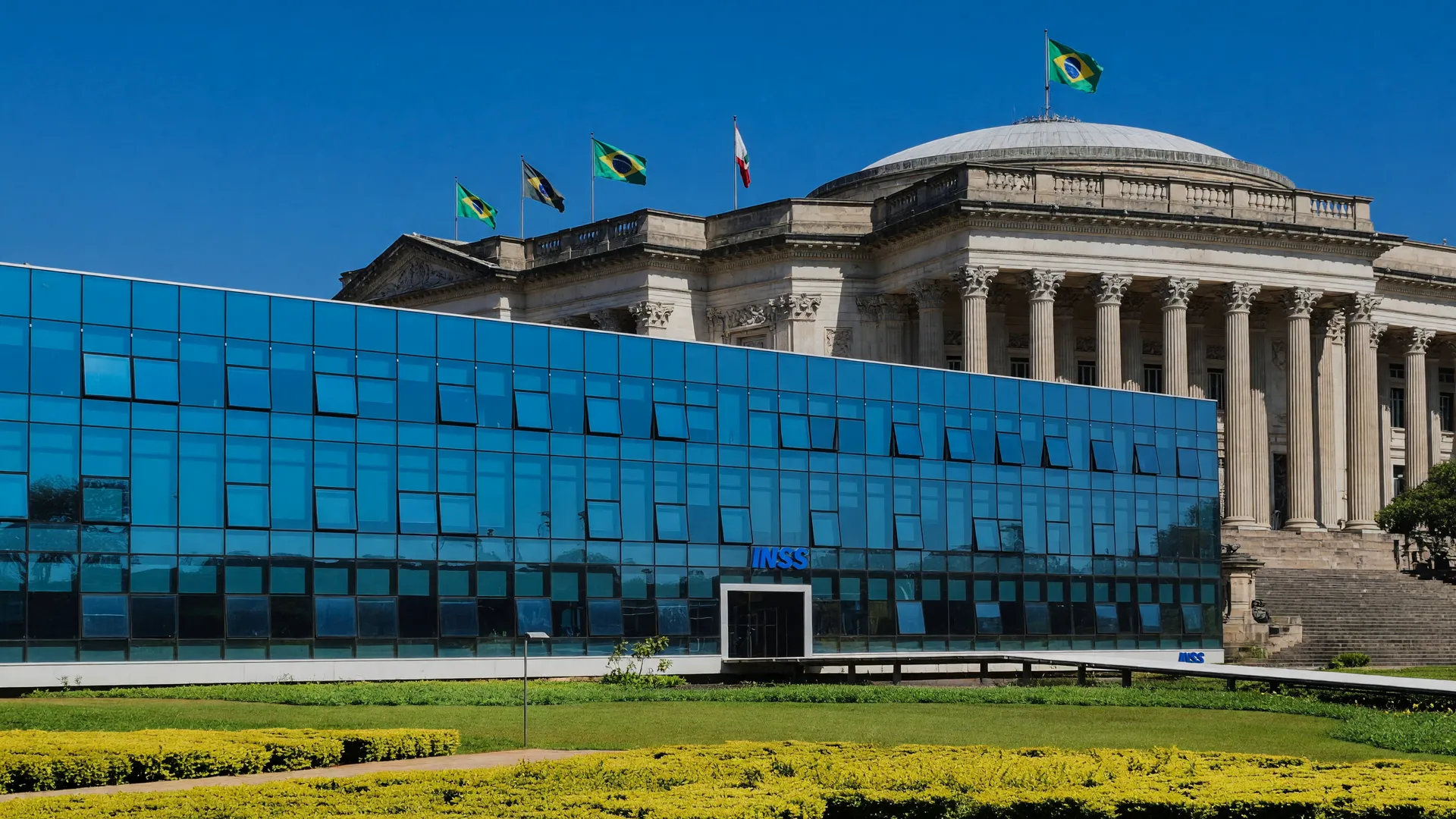 Fachadas do INSS e TCU juntas, simbolizando a auditoria sobre automação de benefícios INSS sistemas ultrapassados