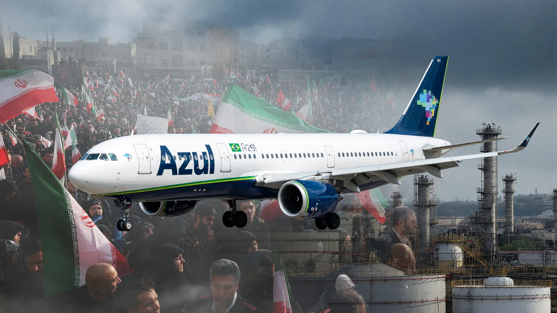 Azul corta voos: avião sobre contexto de Irã e combustível ilustrando crise na aviação civil