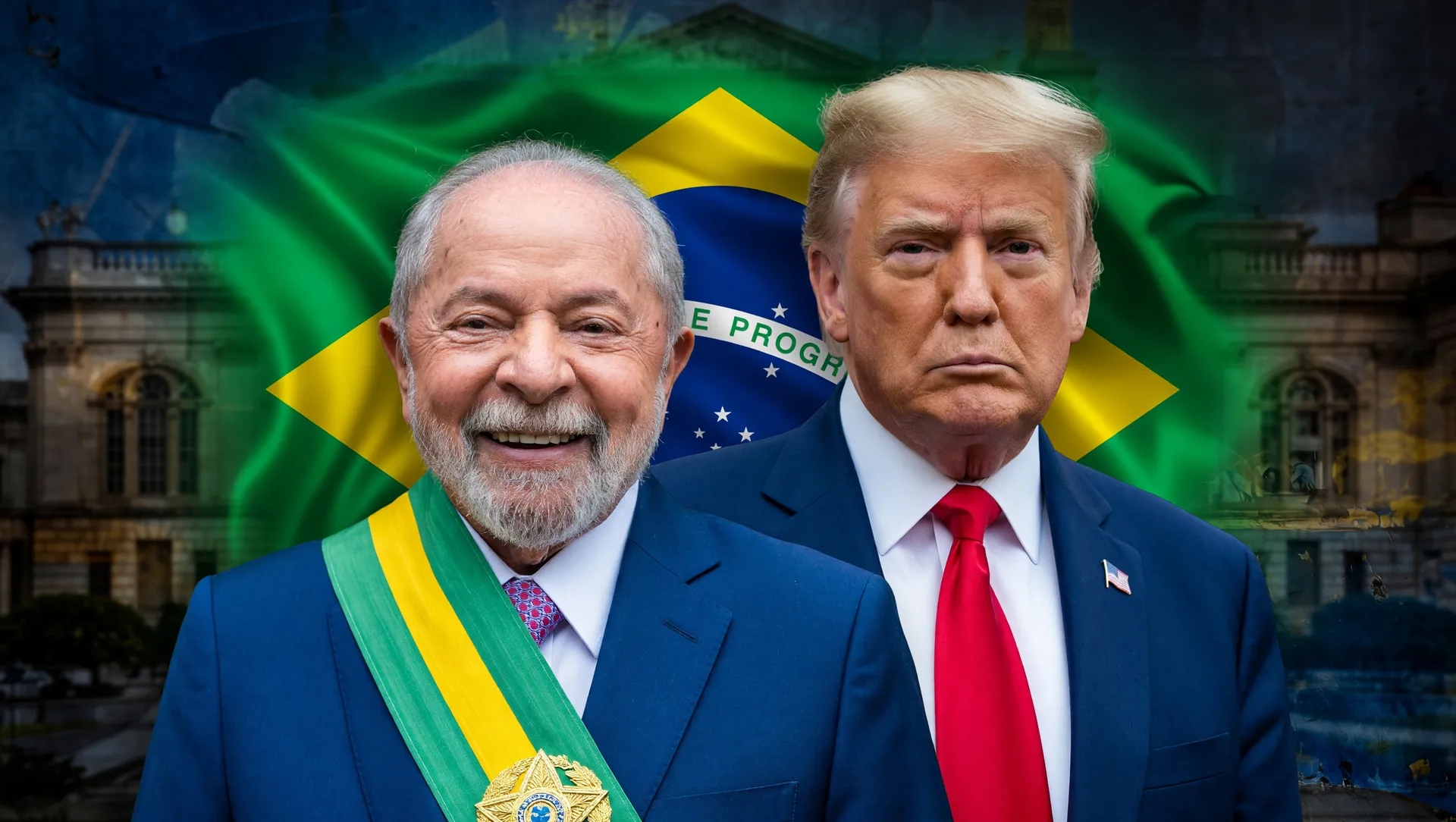 Lula e Trump em retratos oficiais com bandeira brasileira, representando a carta de Lula a Trump sobre tarifas
