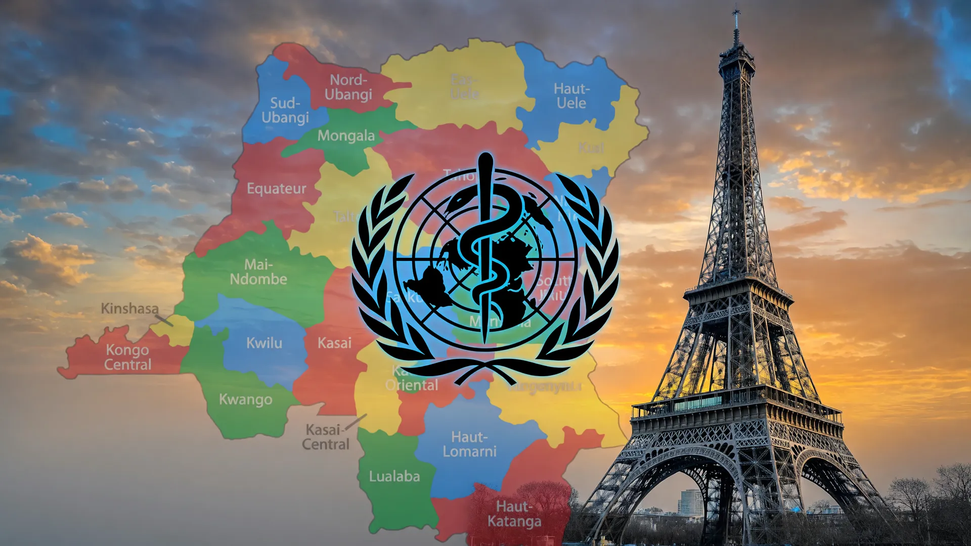 Mapa do Congo, logo da OMS e Torre Eiffel conectados visualmente ao caso de ebola na França