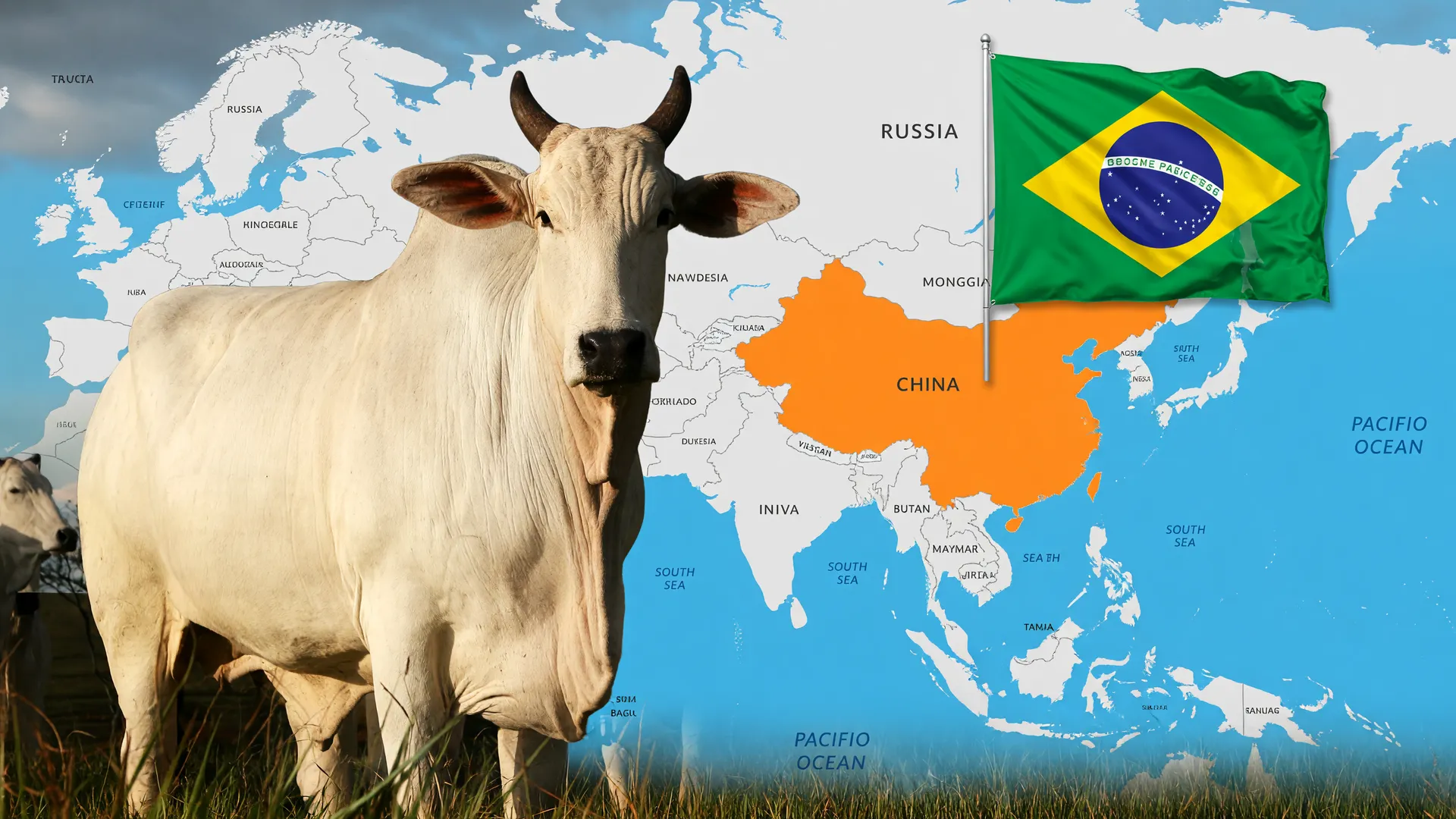 Gado em pastagem com mapa da China e bandeira brasileira, evocando cota exportação carne bovina China