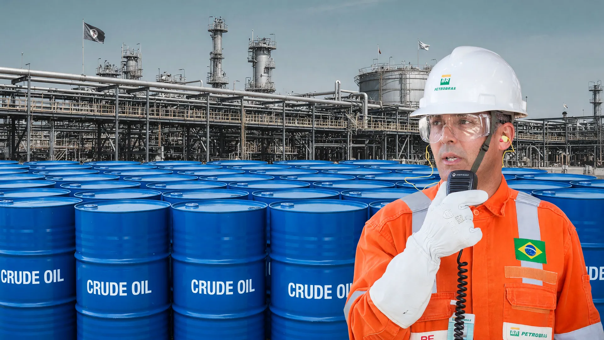 Barris de petróleo com técnico em uniforme em instalação industrial, ilustrando crescimento produção de petróleo Petrobras
