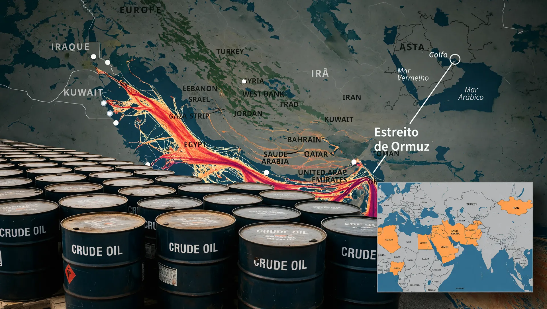 Visualização da crise energética no Estreito de Ormuz com rotas comerciais intensas e barris de petróleo