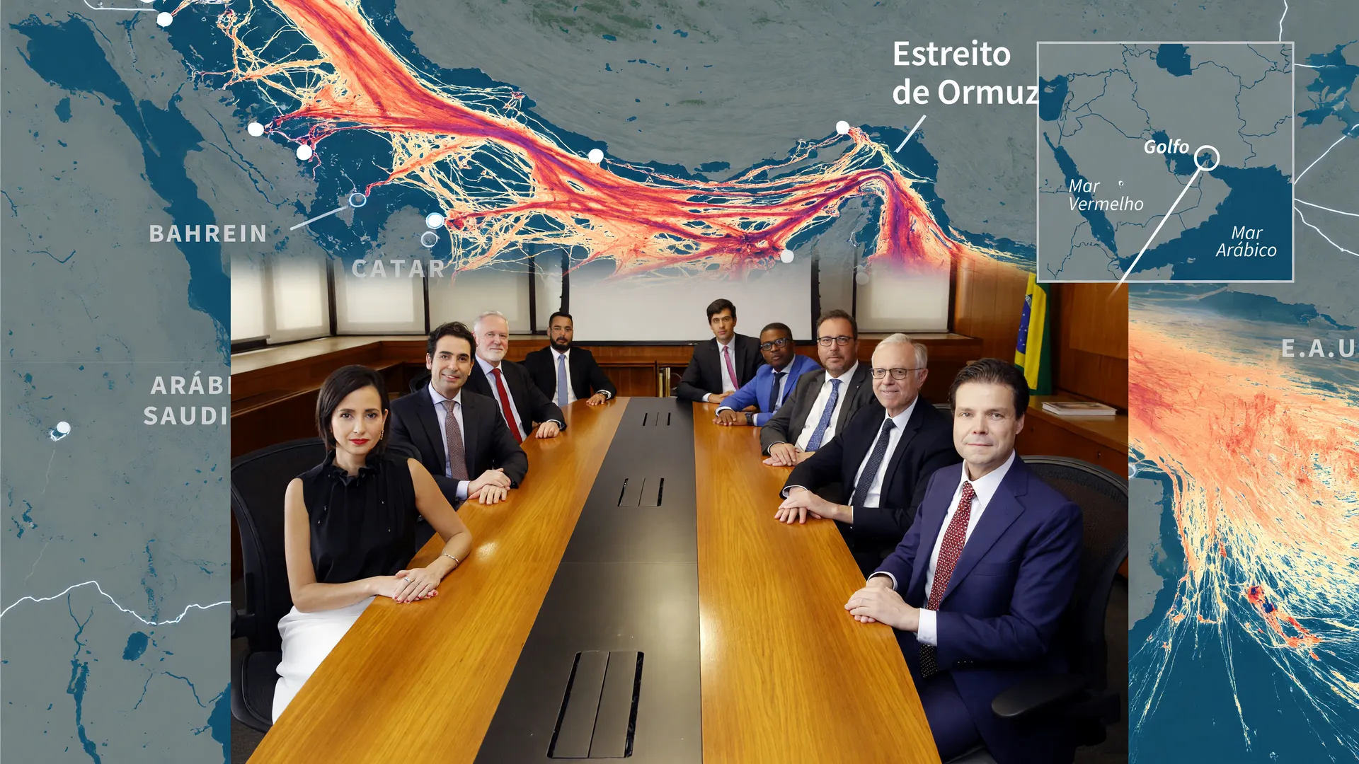 Comitê Copom em reunião com mapa do Oriente Médio, representando dólar alta pela ata do Copom e geopolítica