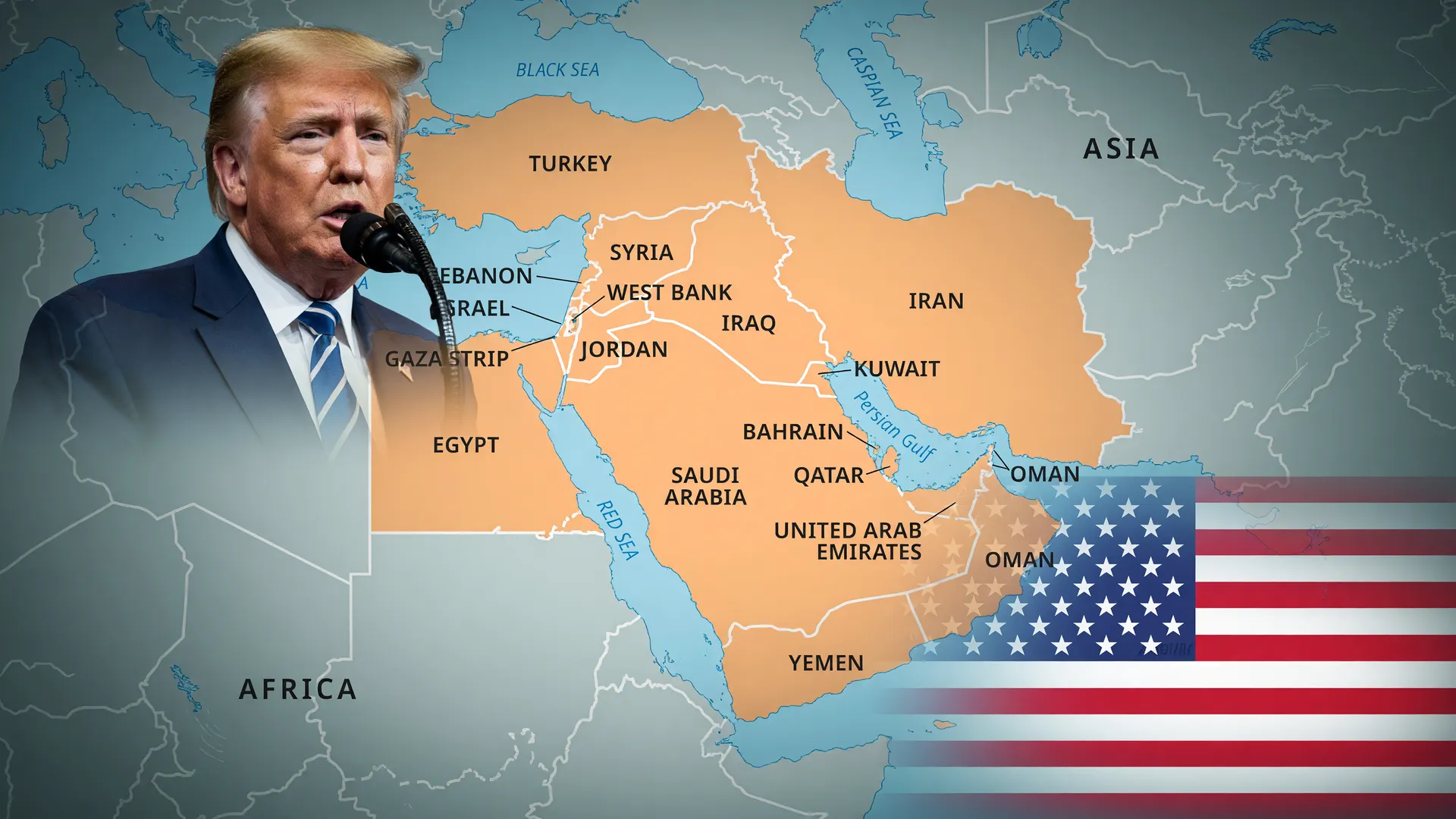 Mapa geopolítico Oriente Médio com Trump falando: dólar sobe, tensão EUA Irã em alta