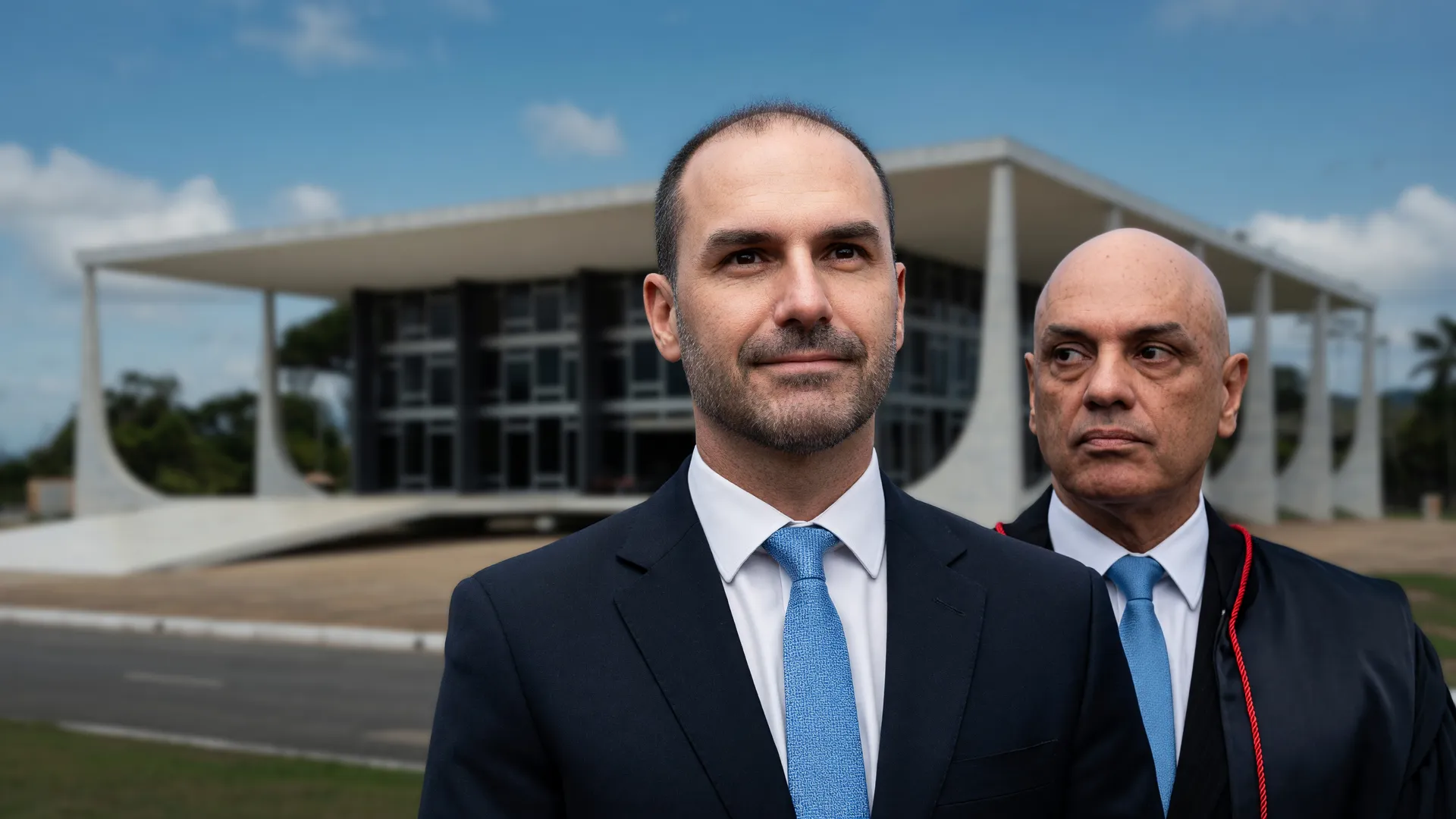 Composição visual de Eduardo Bolsonaro condenado pelo STF em julgamento por coação com autoridades institucionais
