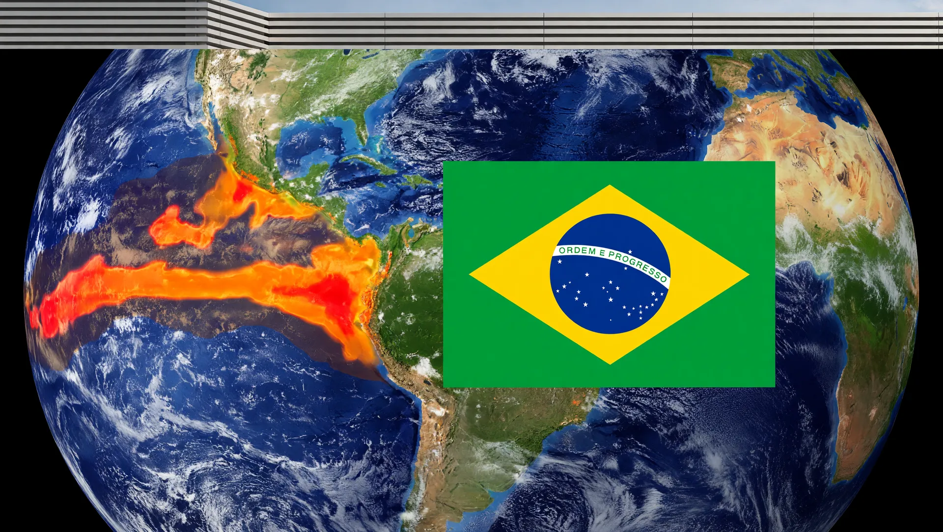 Mapa térmico de El Niño 2026 e bandeira do Brasil destacando eventos extremos sobre a região do Pacífico