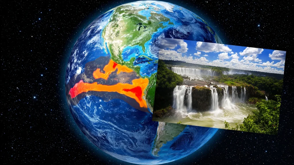 Representação térmica do El Niño 2026 previsão Brasil: anomalias em vermelho no Pacífico