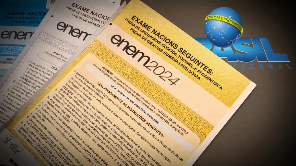 Enem 2026: provas do exame com logo do Governo Federal, representando falha de pagamento taxa recusada pelo sistema