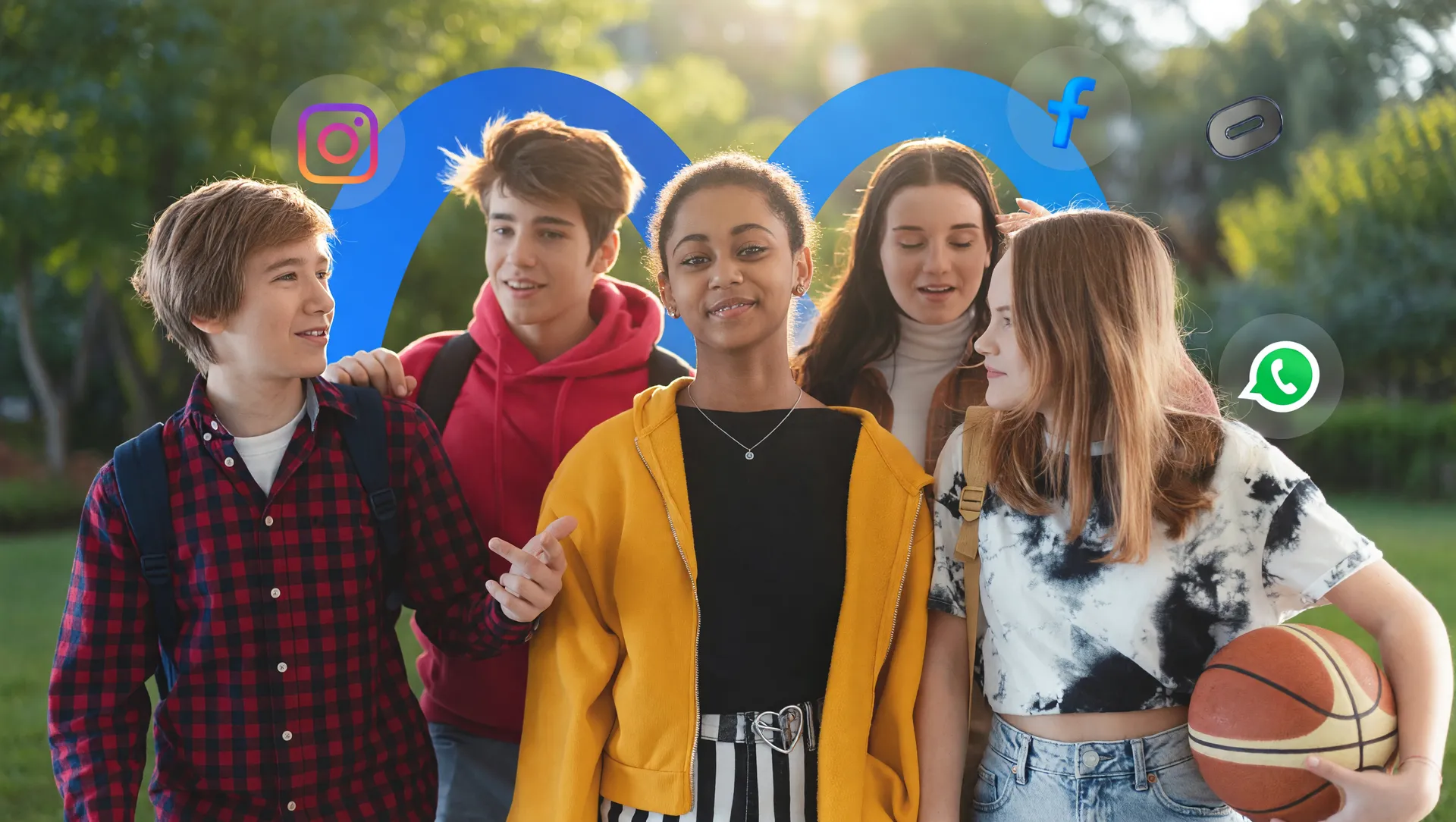 Grupo de adolescentes com filtros de conteúdo para adolescentes no ecossistema Meta