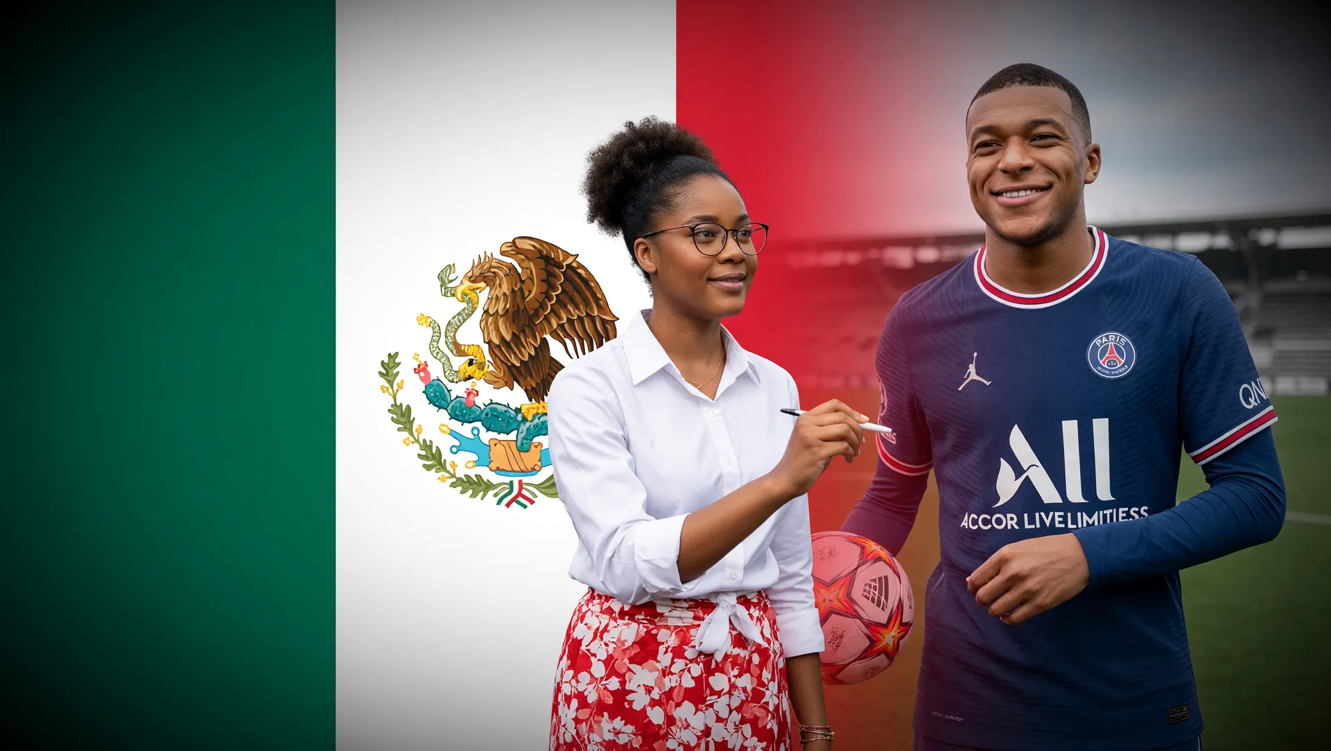 Greve professores México Copa do Mundo: professora em foco com bandeira mexicana e futebol ao fundo
