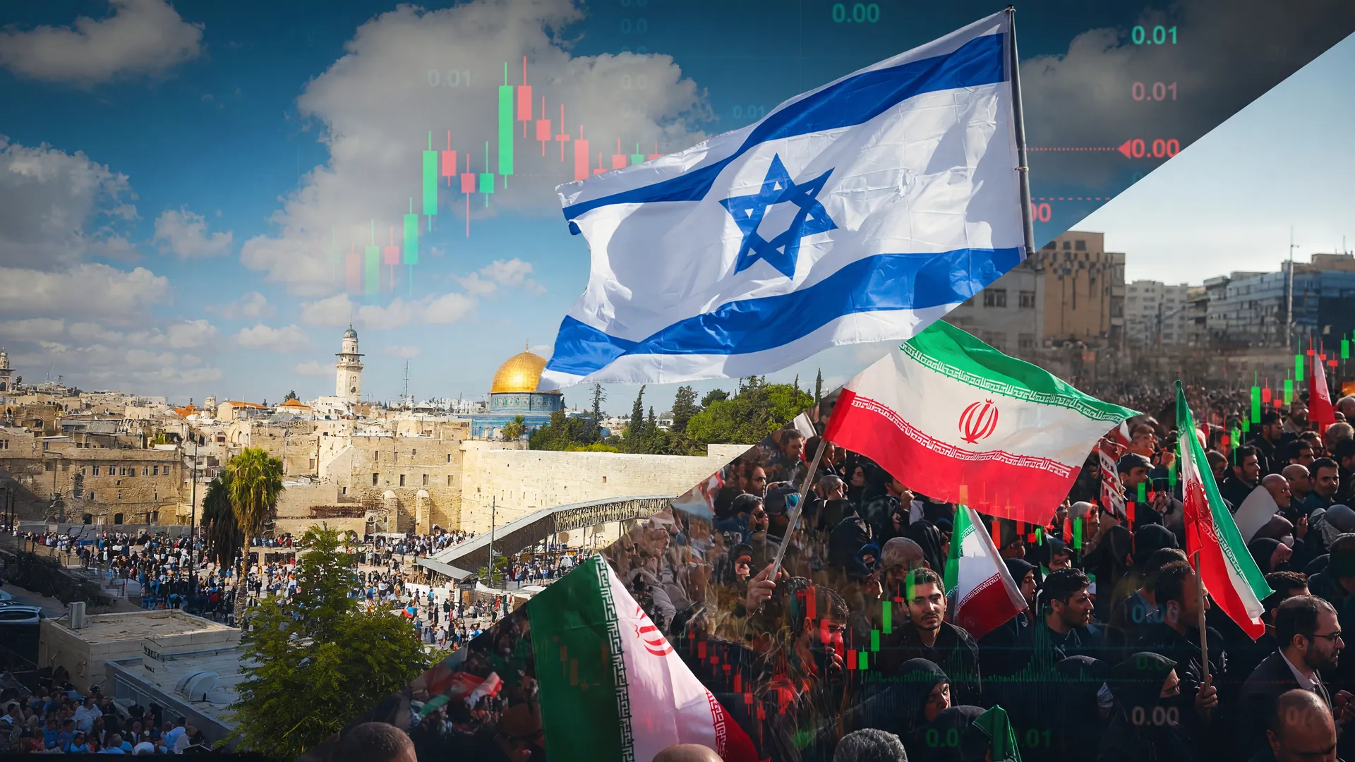 Bandeiras de Israel e Irã em confronto visual, representando a guerra e seu impacto no mercado financeiro