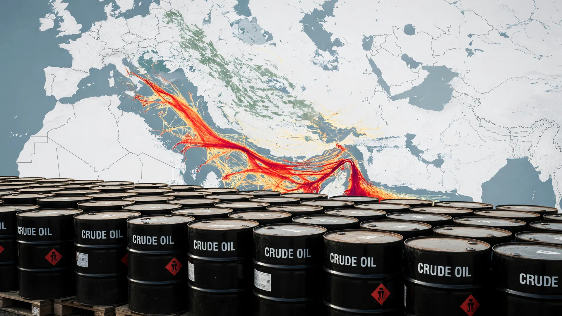 Mapa geopolítico mostrando impactos econômicos da guerra EUA-Irã com tráfego marítimo estratégico e barris de petróleo