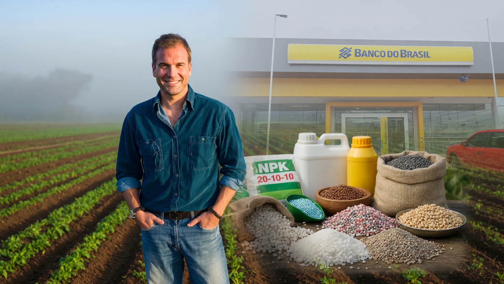Agricultor enfrentando custos elevados de fertilizantes, simbolizando a inadimplência no agronegócio brasileiro