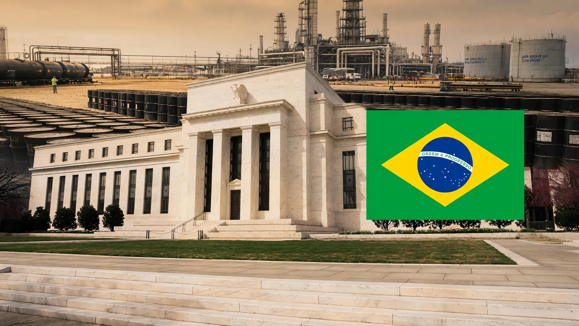 Edifício da Reserva Federal com bandeira brasileira e barris de petróleo: cenário da inflação Brasil EUA mercado financeiro