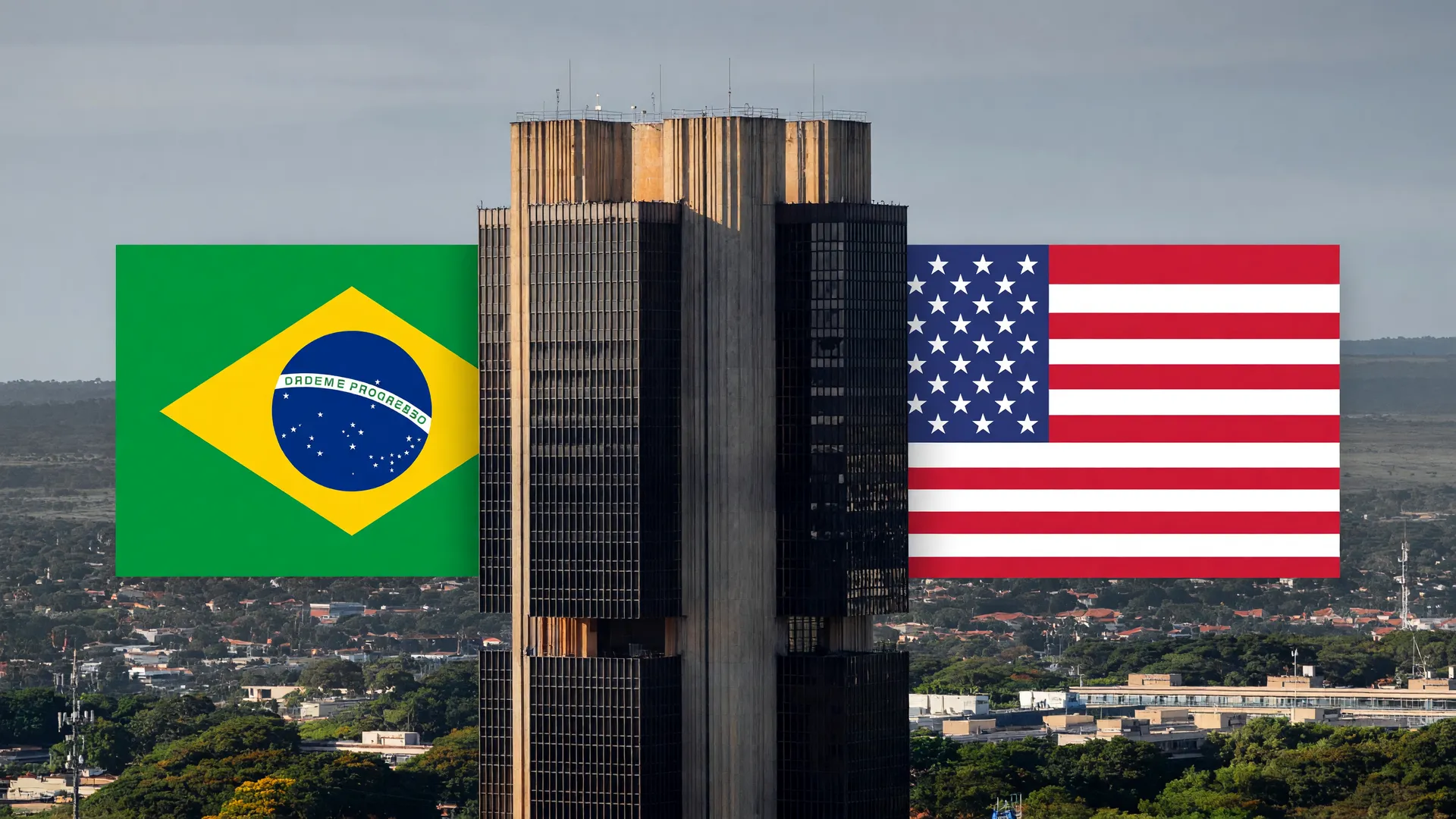 Banco Central do Brasil com símbolos de confronto EUA-Brasil, representando a investigação americana contra o PIX