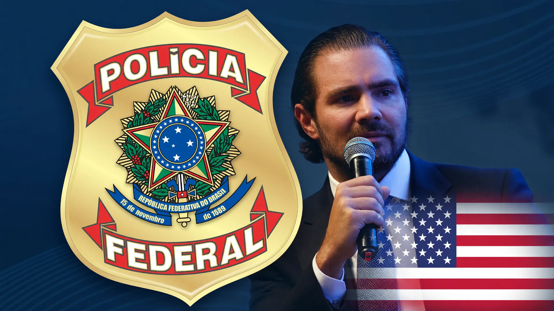 Investigação PF filme Dark Horse: brasão federal, retrato de Vorcaro e contexto internacional