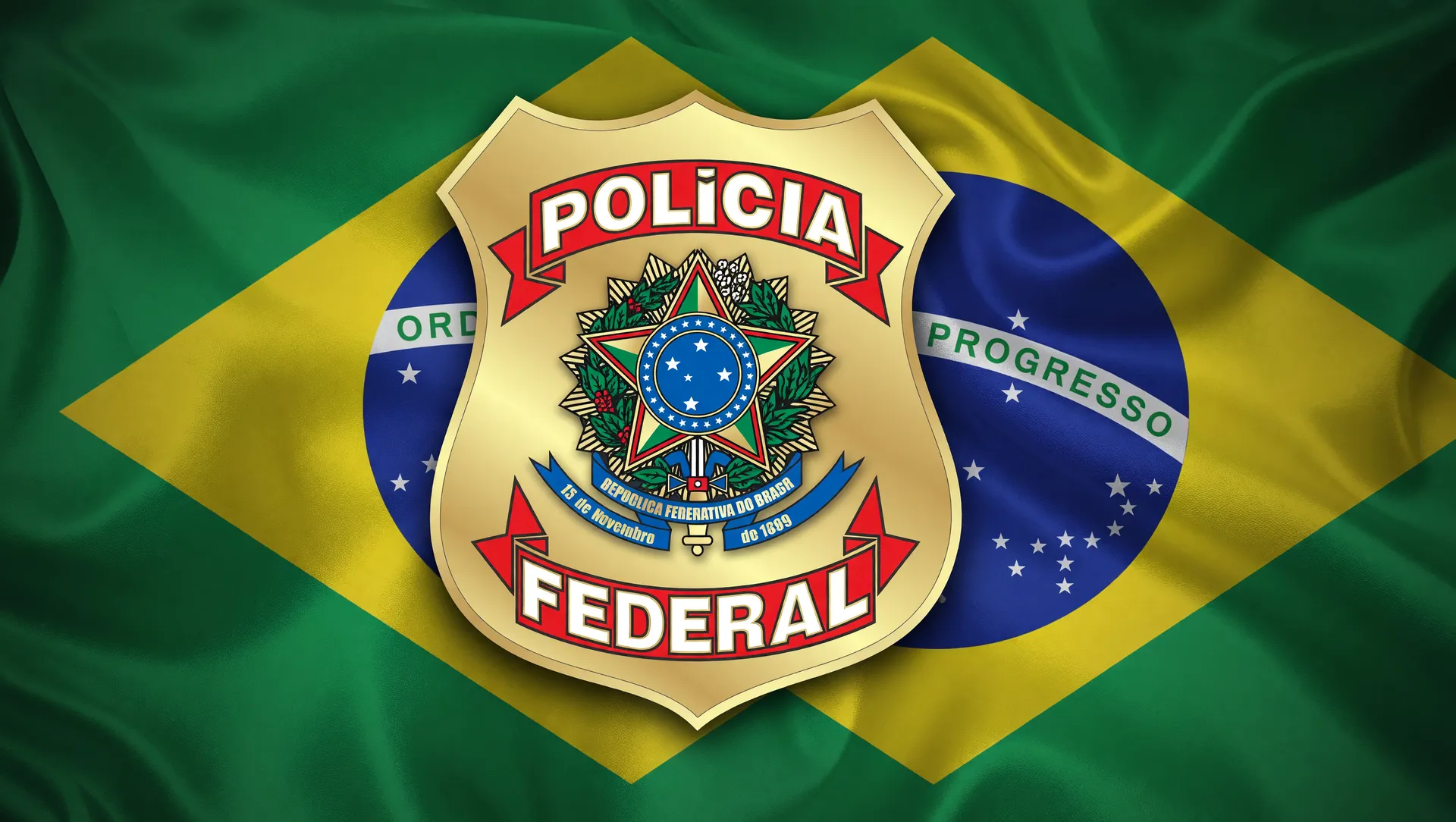 Brasão da Polícia Federal e bandeira do Brasil em composição sobre investigações compra de votos no interior