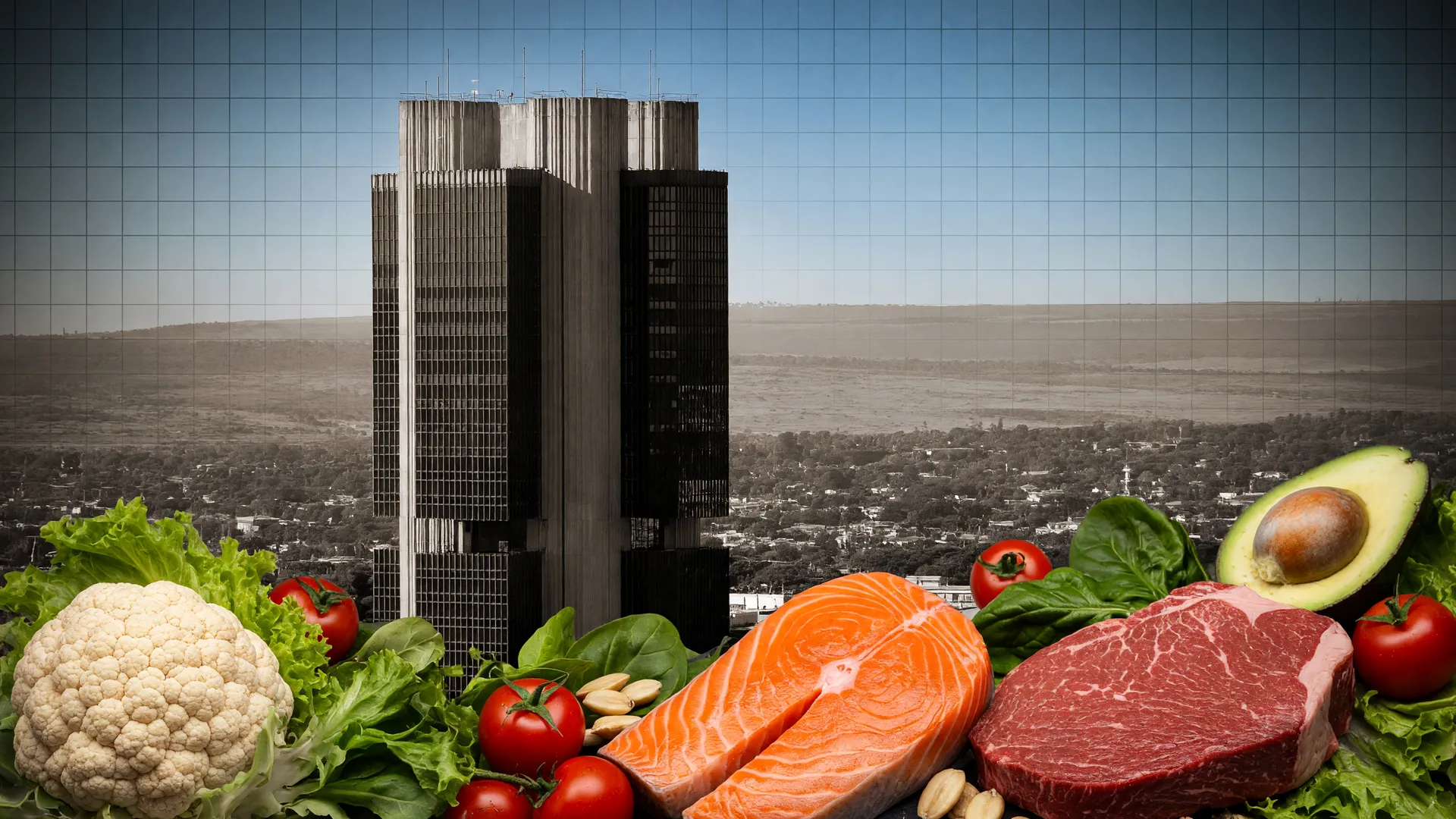 Sede do Banco Central com alimentos frescos simbolizando a pressão inflacionária do IPCA maio 2026 acima da meta