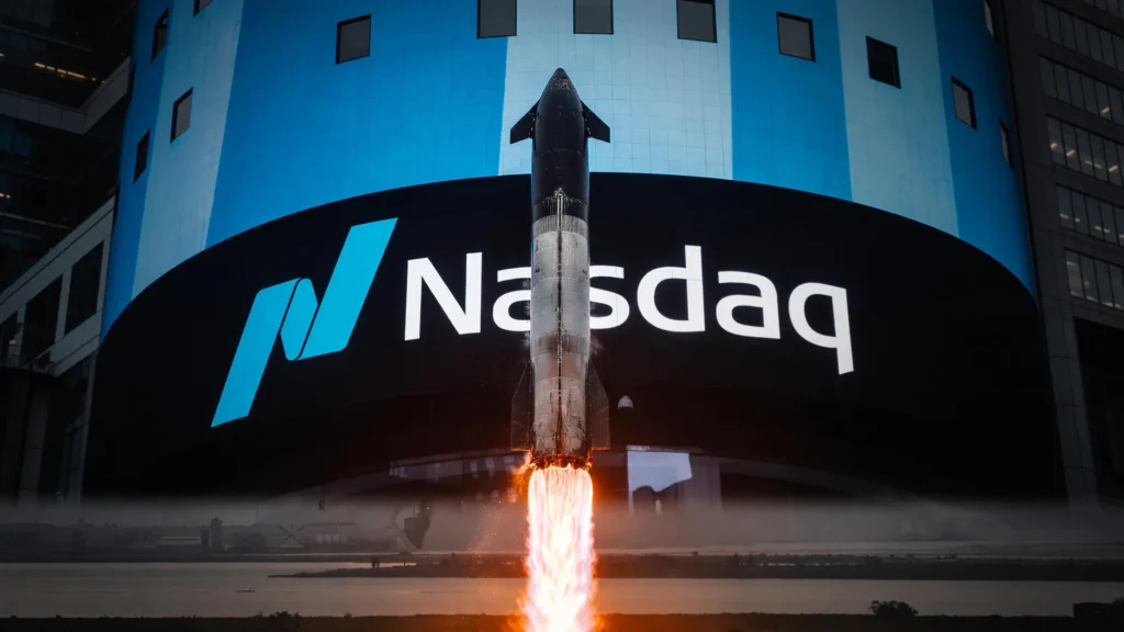 Starship em voo com painel Nasdaq iluminado: visual do IPO da SpaceX na Nasdaq
