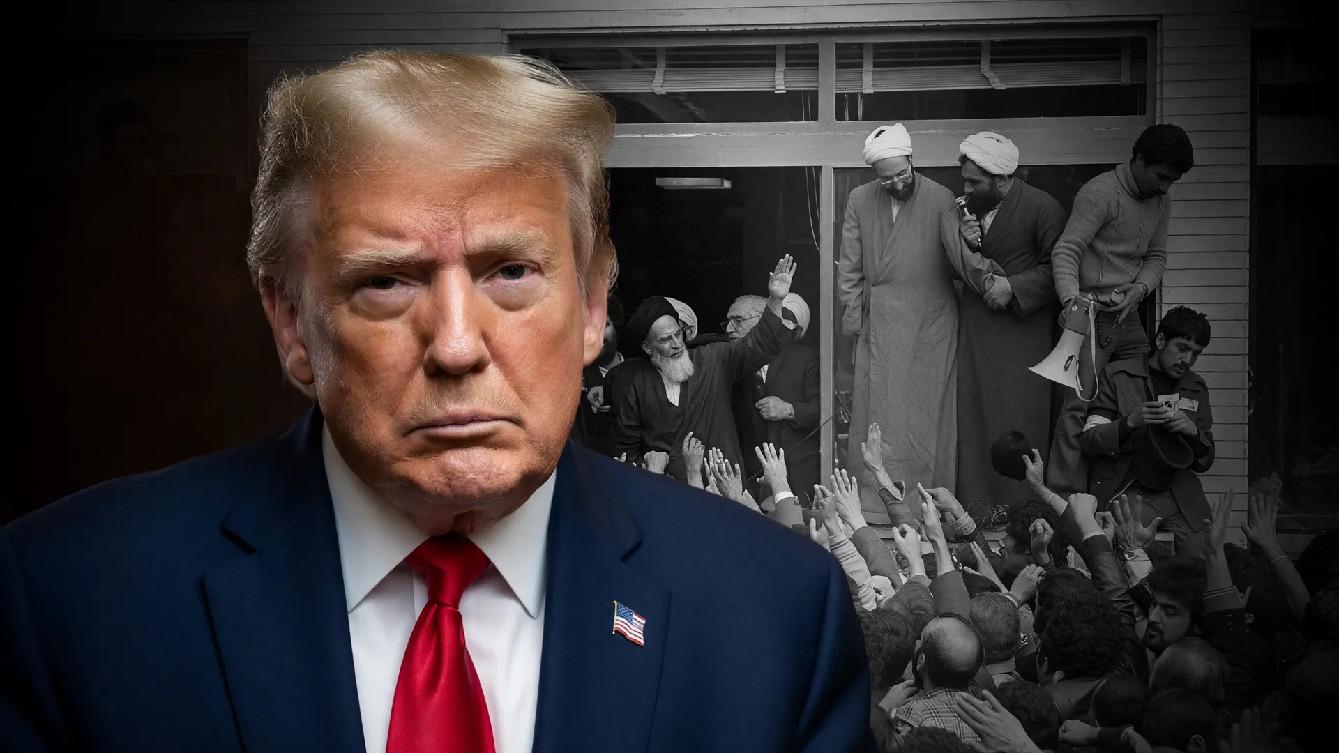 Donald Trump em retrato formal em composição visual que expressa tensão diplomática; Irã nega reunião com Trump