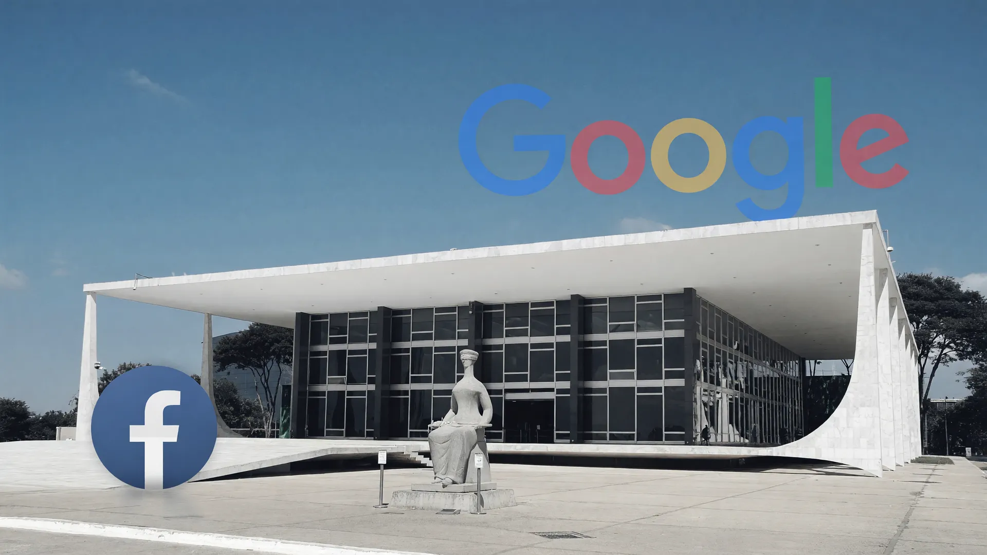 Edifício do STF com logos de Facebook e Google em composição sobre o julgamento STF responsabilidade plataformas digitais