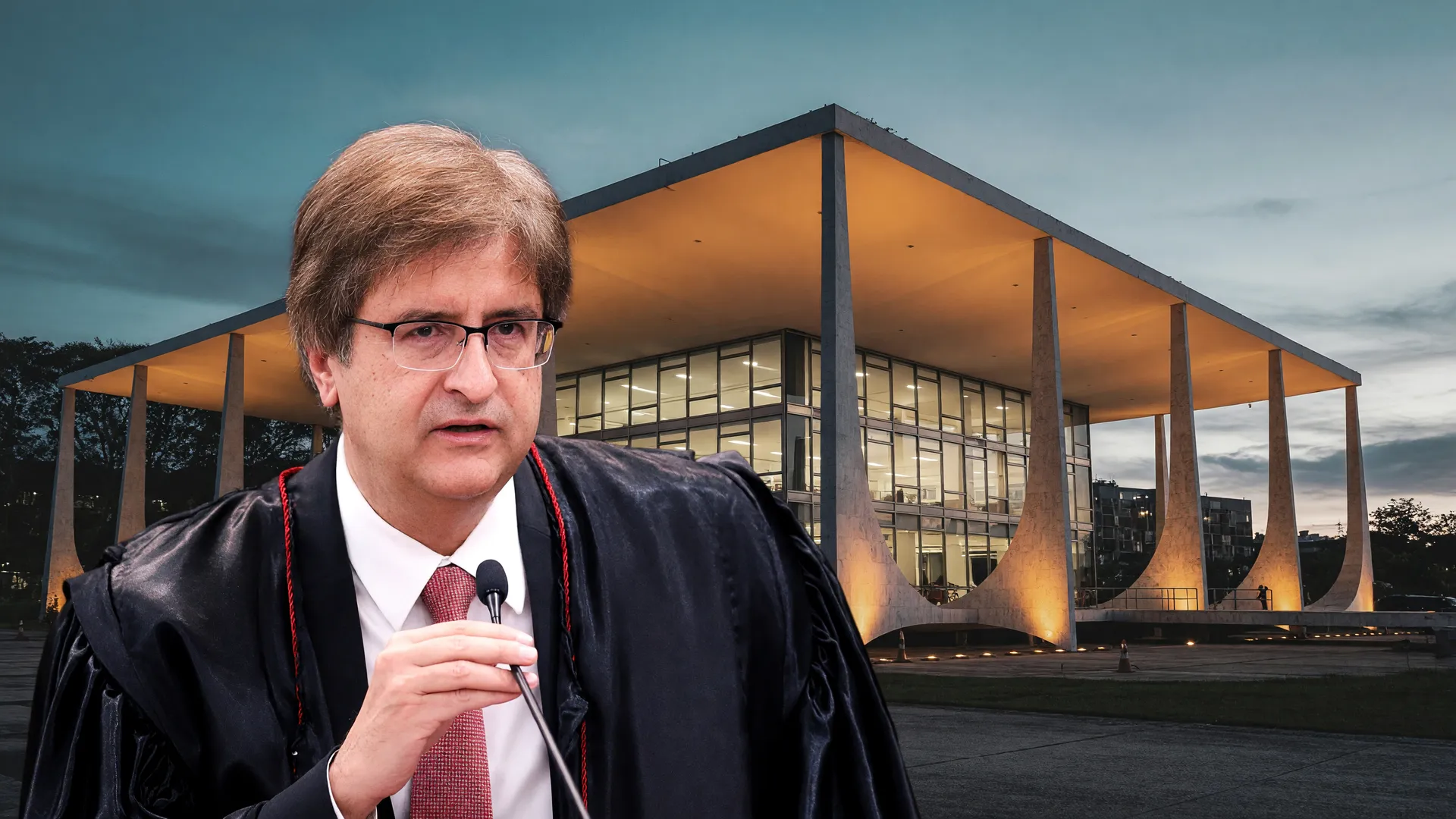 Paulo Gonet em retrato e fachada do STF ao entardecer: decisão sobre lei de dosimetria de penas para golpistas