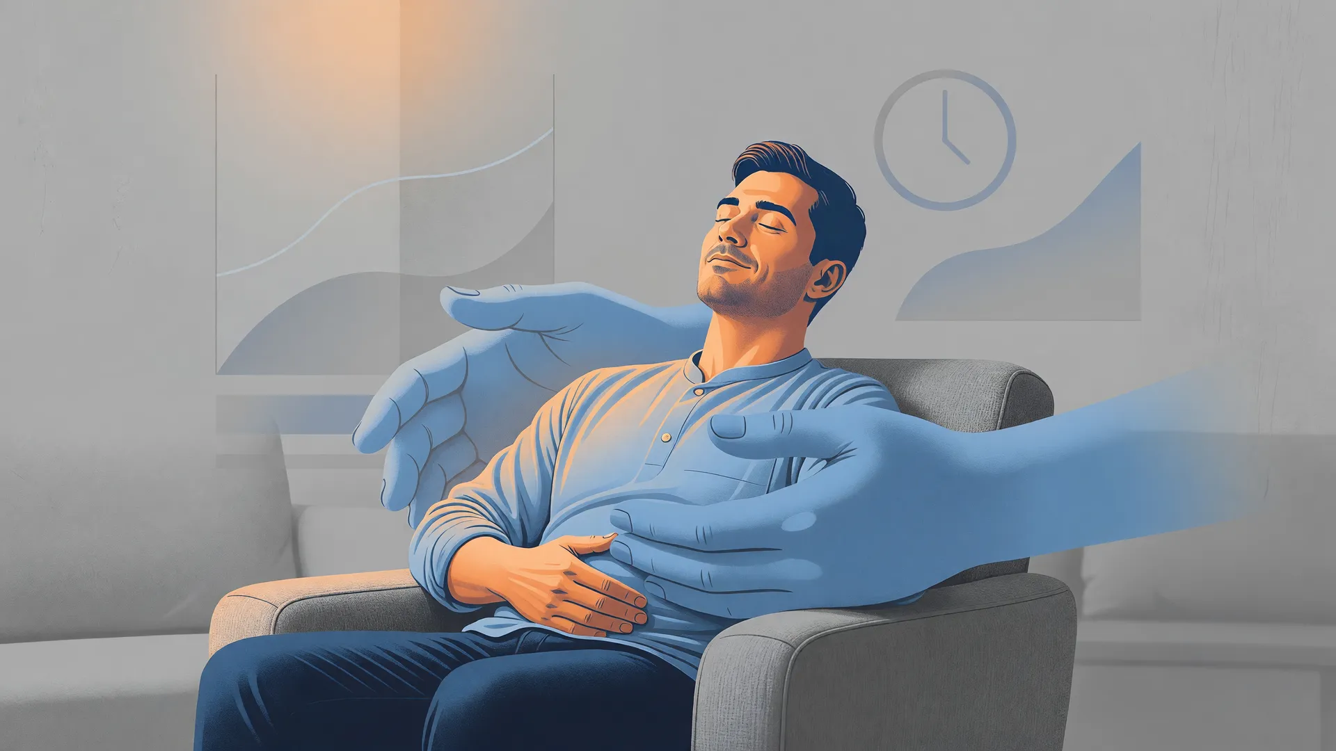 Ilustração editorial sobre licença-paternidade saúde mental pais: figura em repouso com elementos de proteção e bem-estar