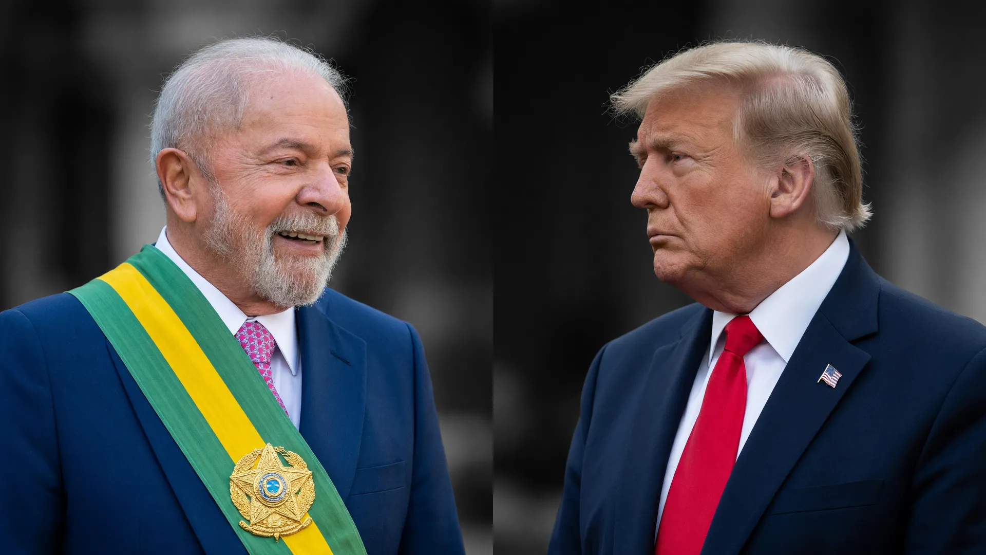 Retrato de Lula e Trump em composição que evoca tensão diplomática sobre soberania e crime organizado no G7