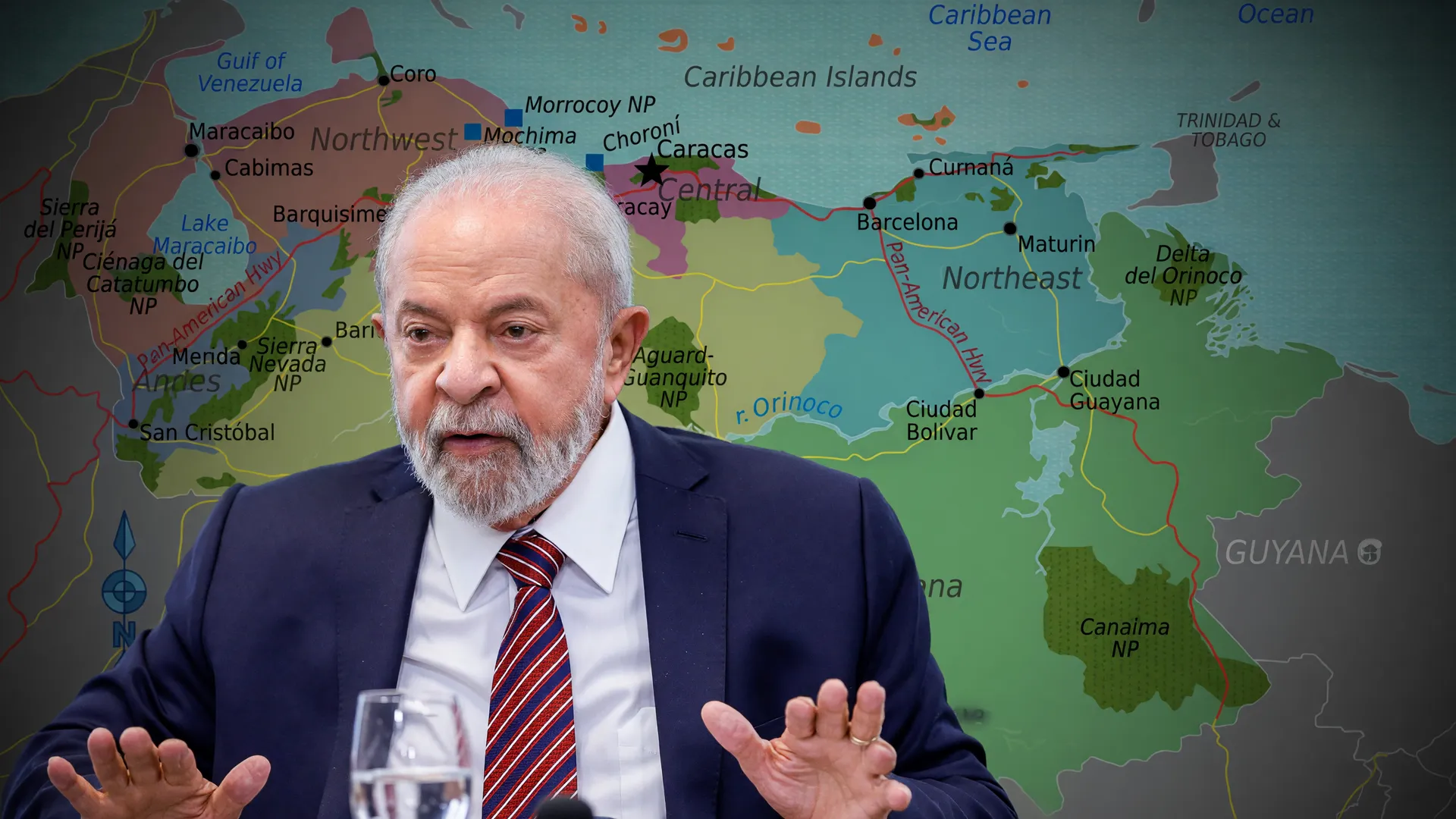Retrato de Lula sobreposto ao mapa da Venezuela ilustra a missão brasileira de resgate enfrentando crise humanitária
