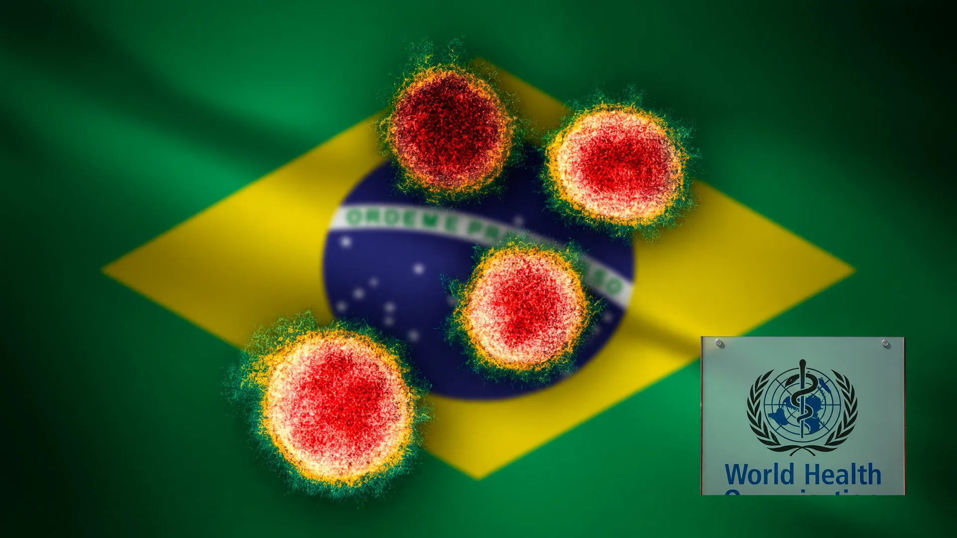 Partículas de Covid coloridas com bandeira do Brasil ao fundo e logo da OMS, ilustrando mortes reais Covid no Brasil
