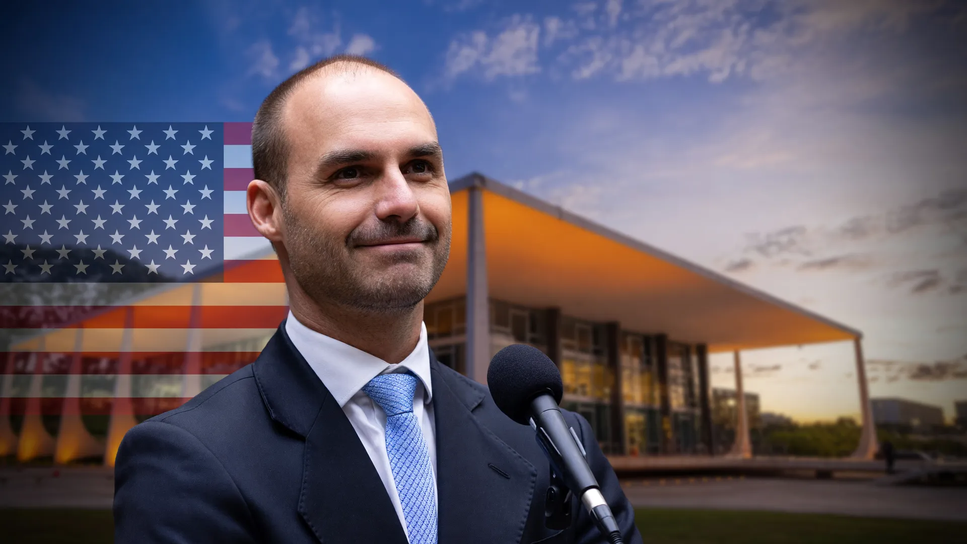 Retrato de Eduardo Bolsonaro com STF ao fundo, ilustrando nota EUA que acusa perseguição