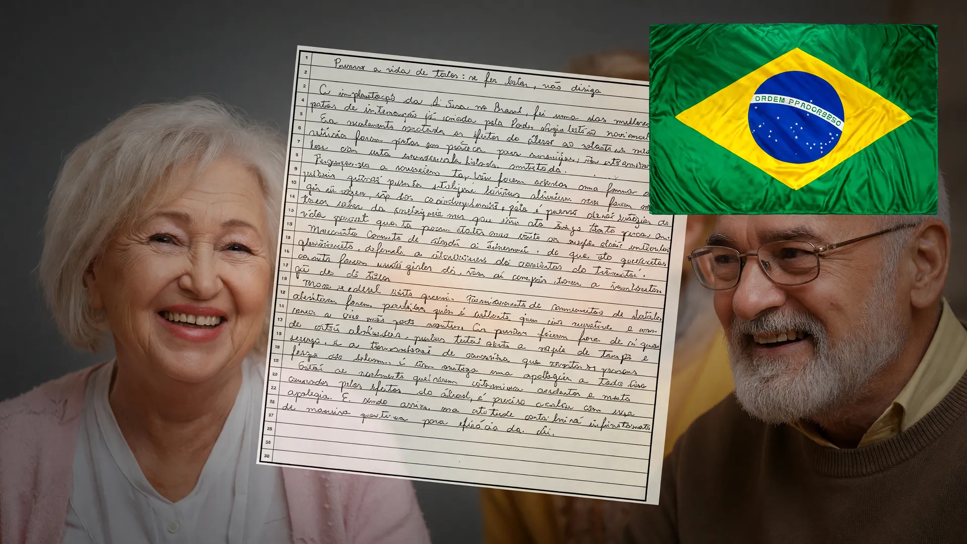 Redação ENEM com idosos e bandeira do Brasil representando a nota máxima redação Enem 2025 sobre envelhecimento