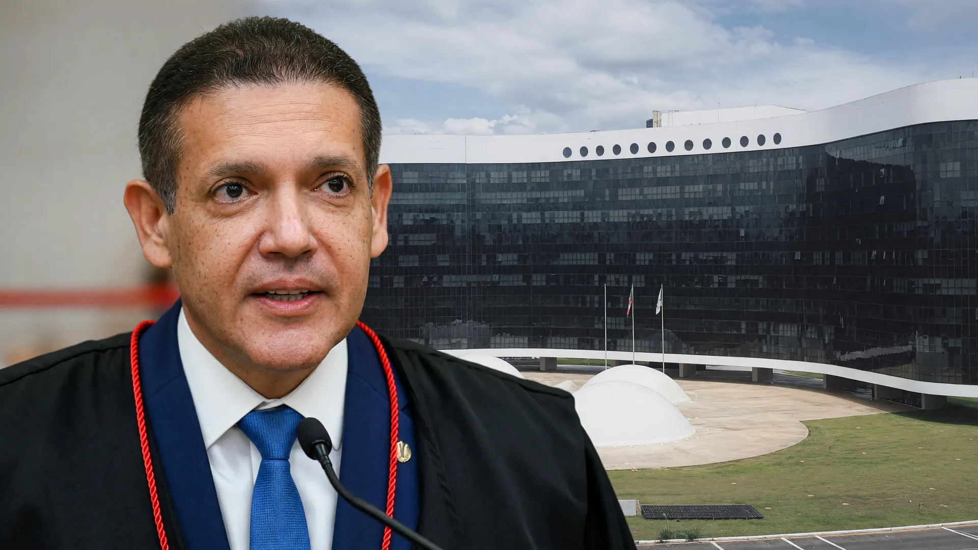 Ministro Nunes Marques em discurso com TSE ao fundo, representando pacto TSE partidos eleições 2026