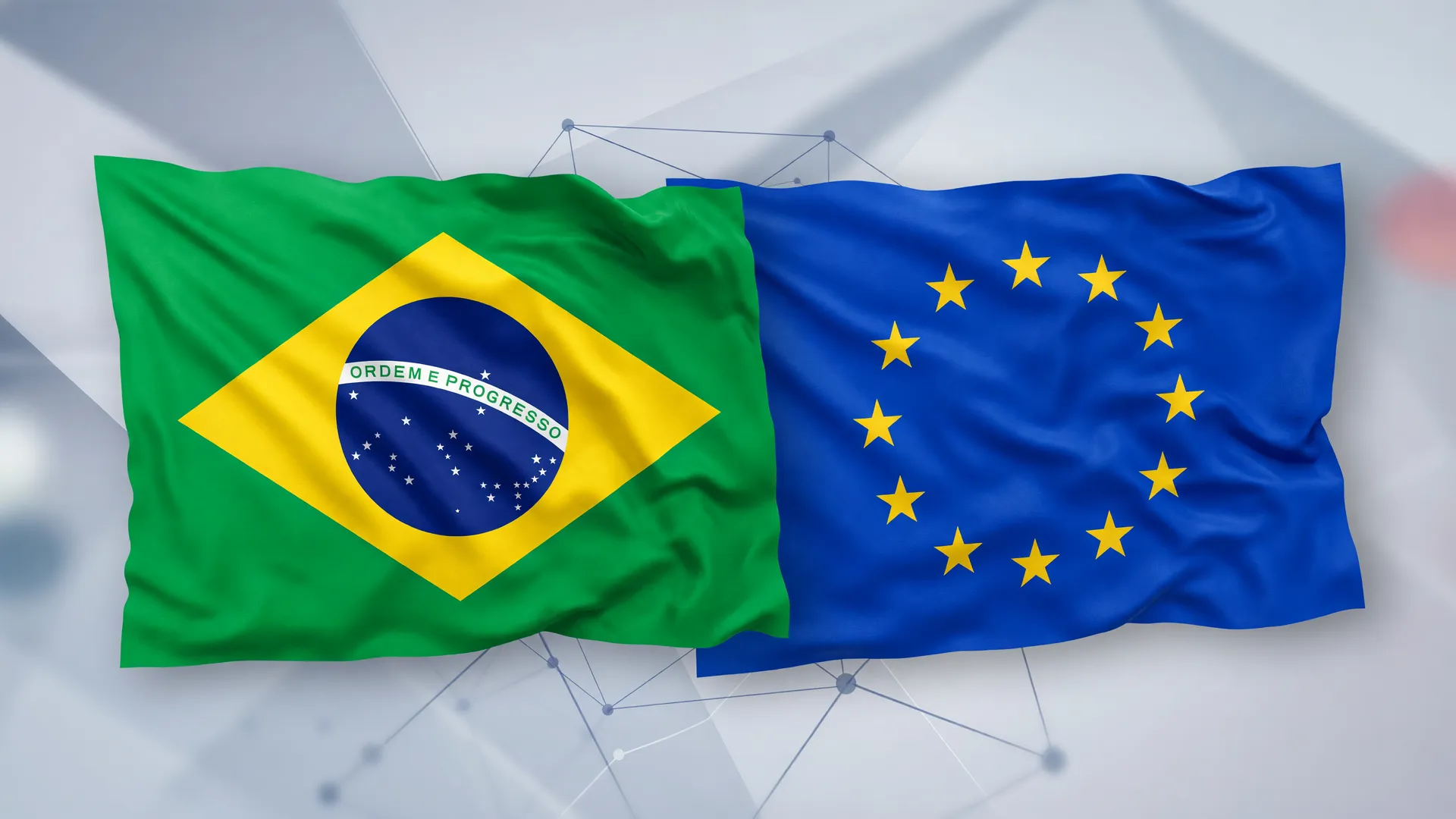 Bandeiras do Brasil e União Europeia juntas em composição representando parceria digital