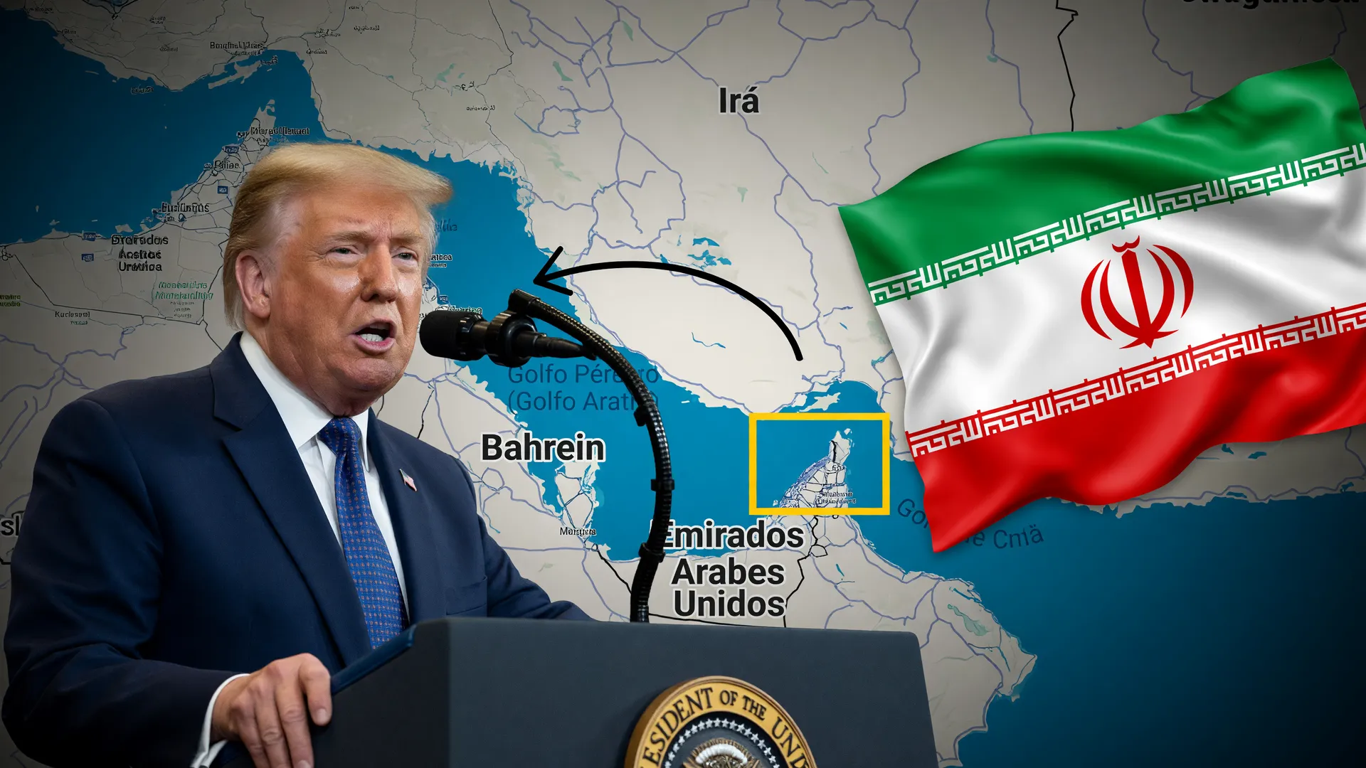 Edição sobre pedágio no Estreito de Ormuz mostrando confronto diplomático entre Trump e Irã