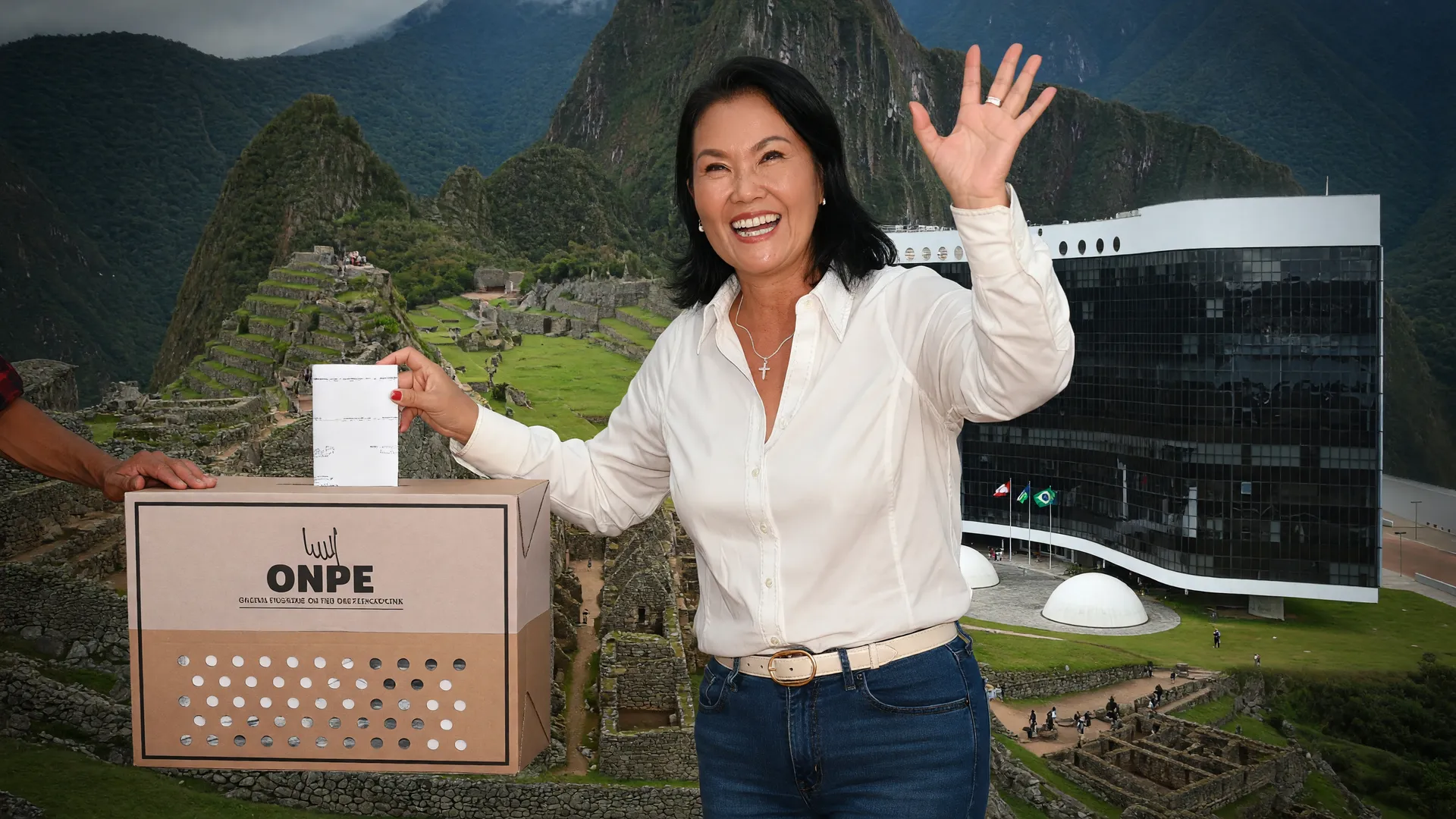 Keiko Fujimori em destaque com Machu Picchu e TSE, representando eleição presidencial de peruanos no Brasil.