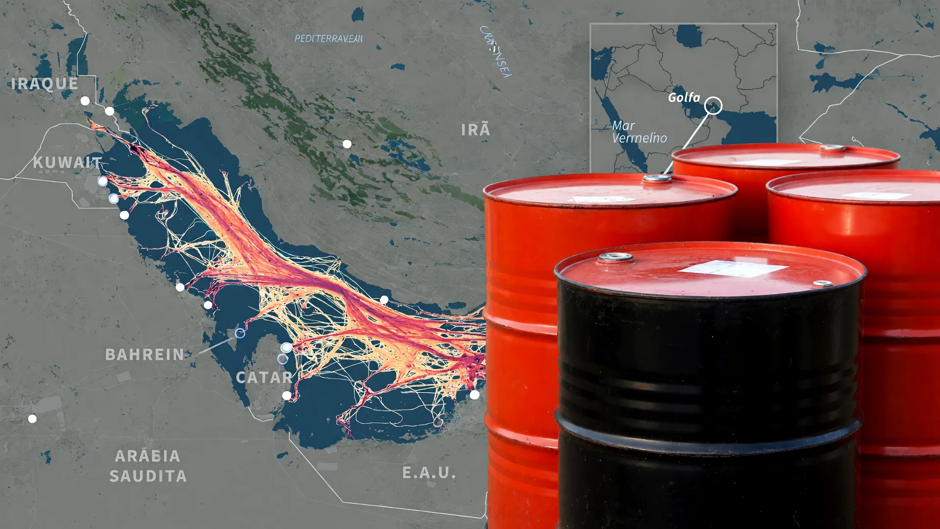 Barris de petróleo e mapa do Oriente Médio refletindo preço pré-guerra e reabertura do Estreito
