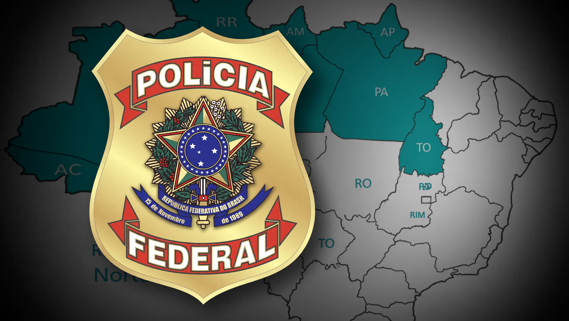 Brasão da Polícia Federal e mapa da Região Norte destacando apreensão de dinheiro em crimes eleitorais