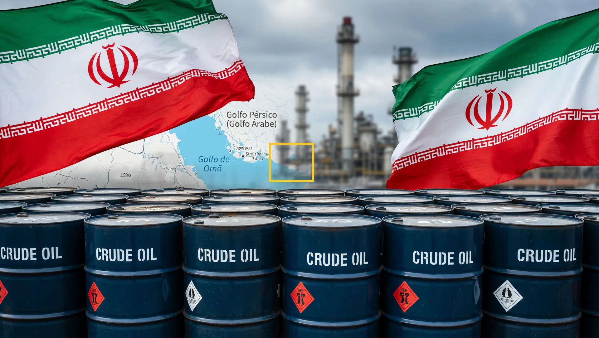 Barris de petróleo e mapa do Estreito de Ormuz destacam preço do petróleo conflito Irã-EUA e tensões globais.