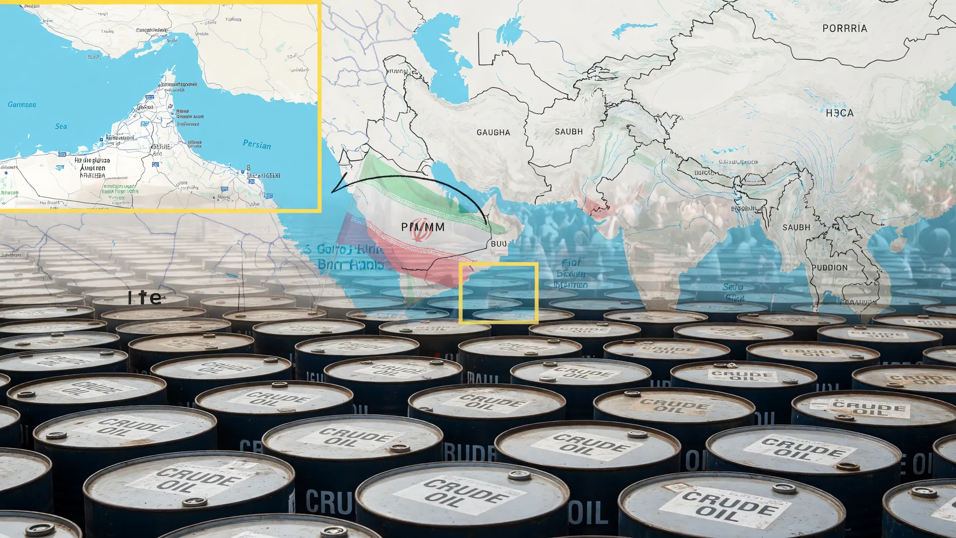 Barris de petróleo com mapa do Estreito de Ormuz refletindo a queda do preço do petróleo internacional