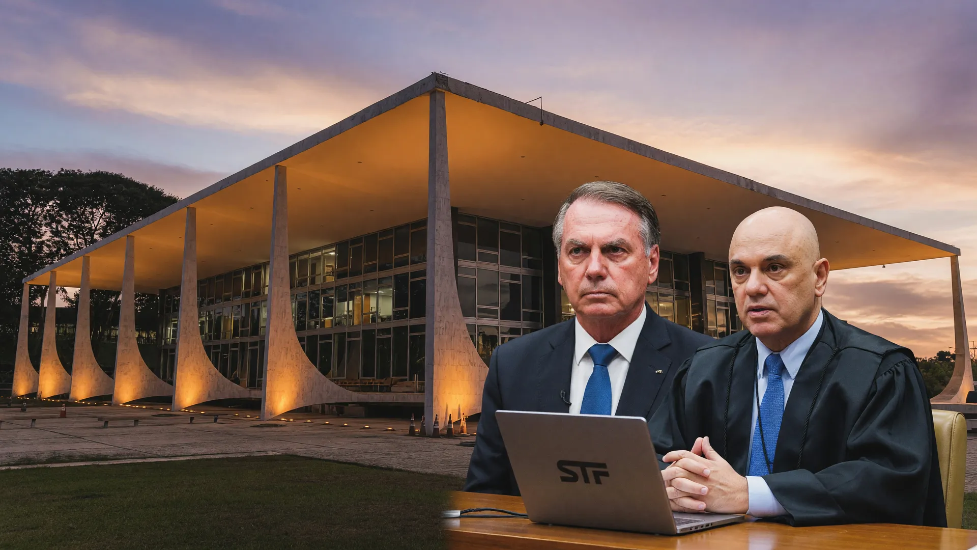 STF crepuscular, Bolsonaro em sessão e Moraes decidindo sobre prorrogação prisão domiciliar