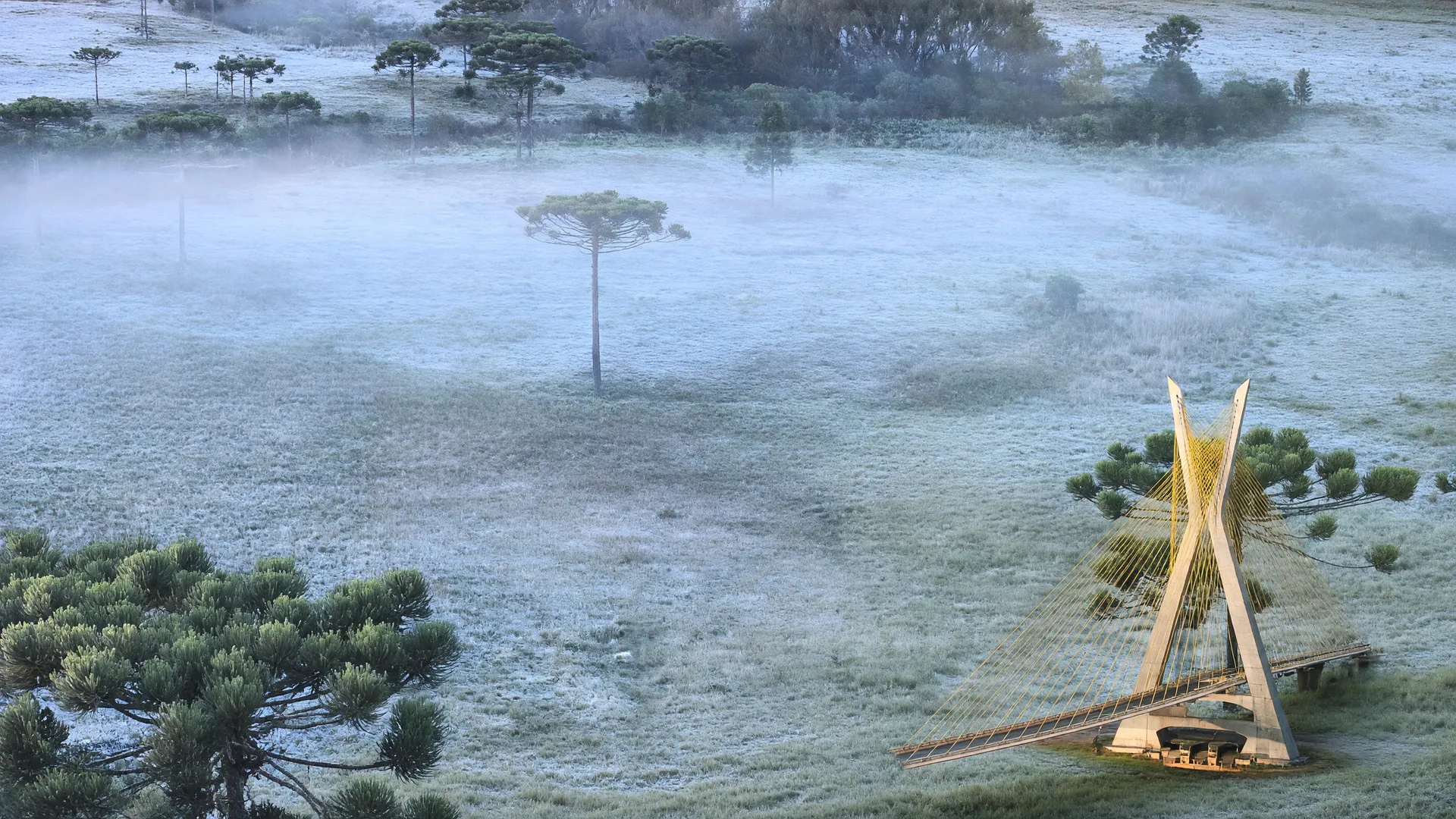 Geada cristalina na paisagem e Ponte Estaiada de São Paulo: quando termina a onda de frio