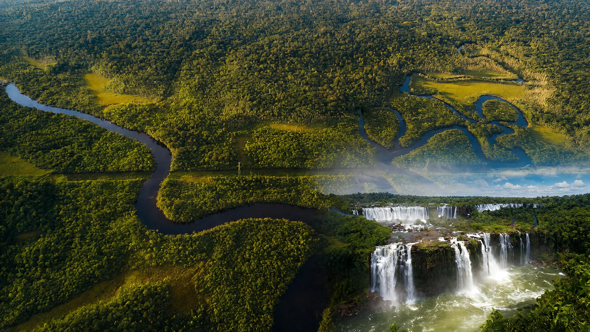 Floresta Amazônica com rios e Cataratas do Iguazu: representação da queda de chuvas sul da Amazônia