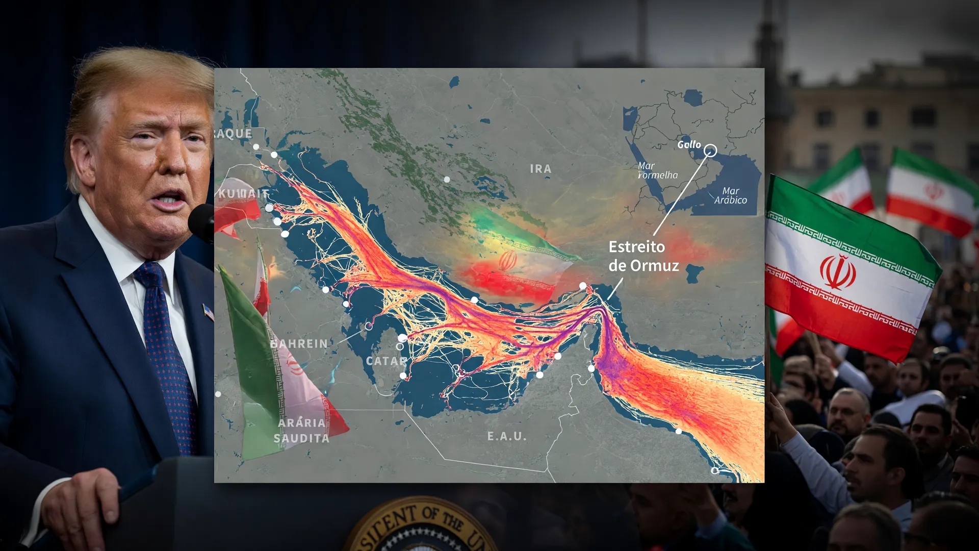 Reabertura Estreito de Ormuz acordo: mapa de tráfego marítimo com Trump e Irã em posições opostas