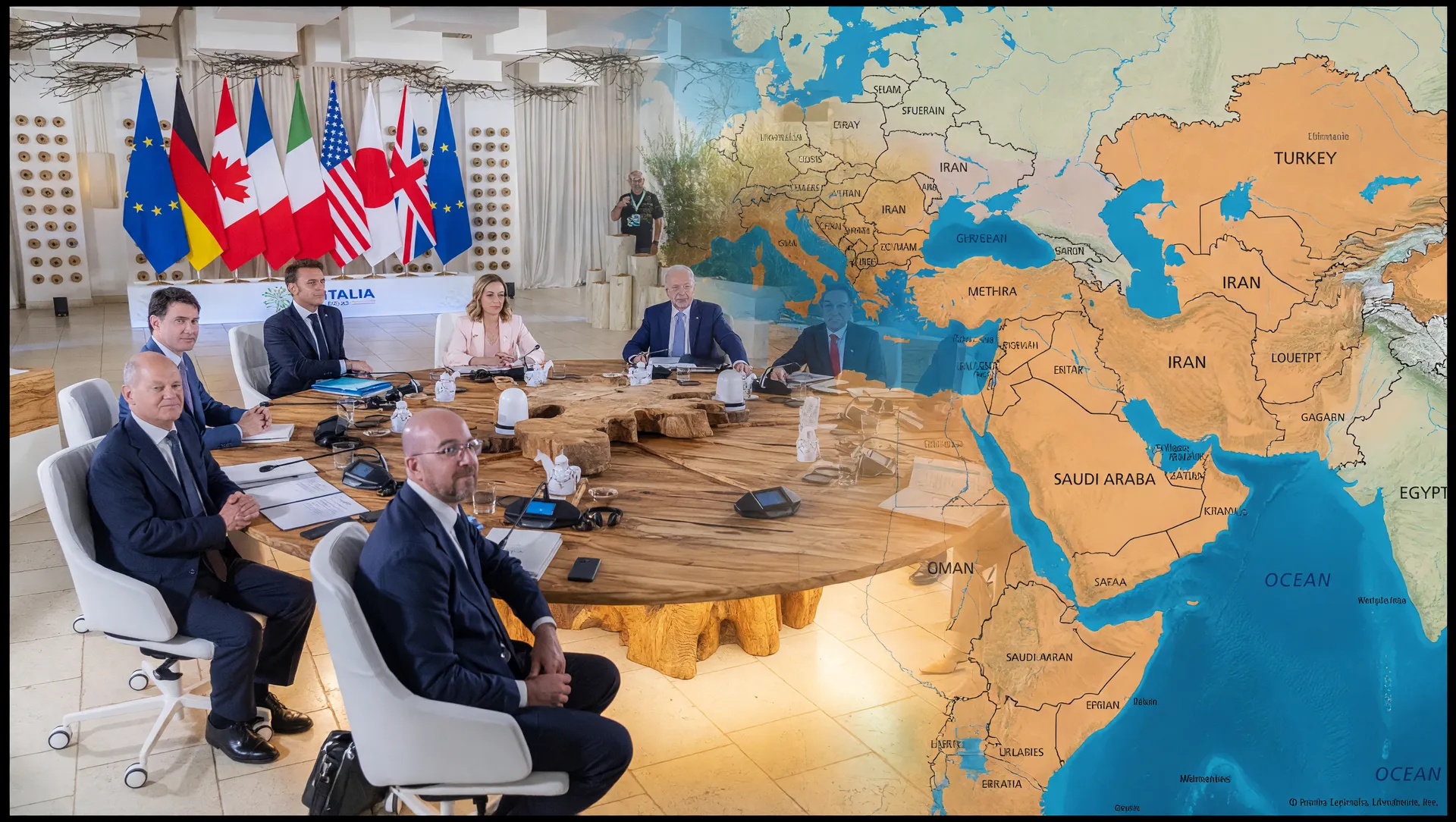 Mapa do Oriente Médio e reunião do G7 refletindo o recorde de milionários no mundo 2025