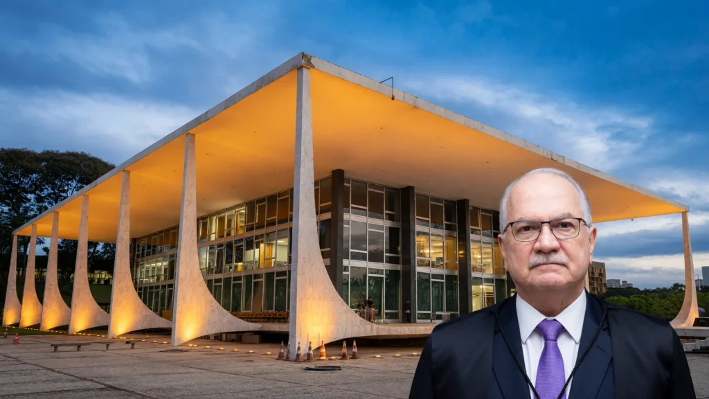 Fachada do STF ao entardecer com retrato de Edson Fachin em composição editorial sobre reforma do Judiciário brasileiro 2026